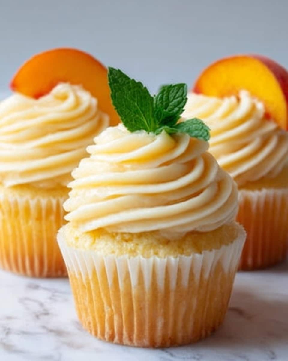 Three yellow cupcakes sit on a white marbled surface, each in a white paper liner. The cupcakes have soft, light yellow bases with swirled creamy pale yellow frosting piled high on top. Each frosting swirl is smooth and thick, with a fresh green mint leaf placed on the center cupcake's frosting and a peach slice tucked behind the frosting on the two cupcakes in the background. The overall look is fresh and inviting, with soft natural light highlighting the textures of the cake and frosting. photo taken with an iphone --ar 4:5 --v 7