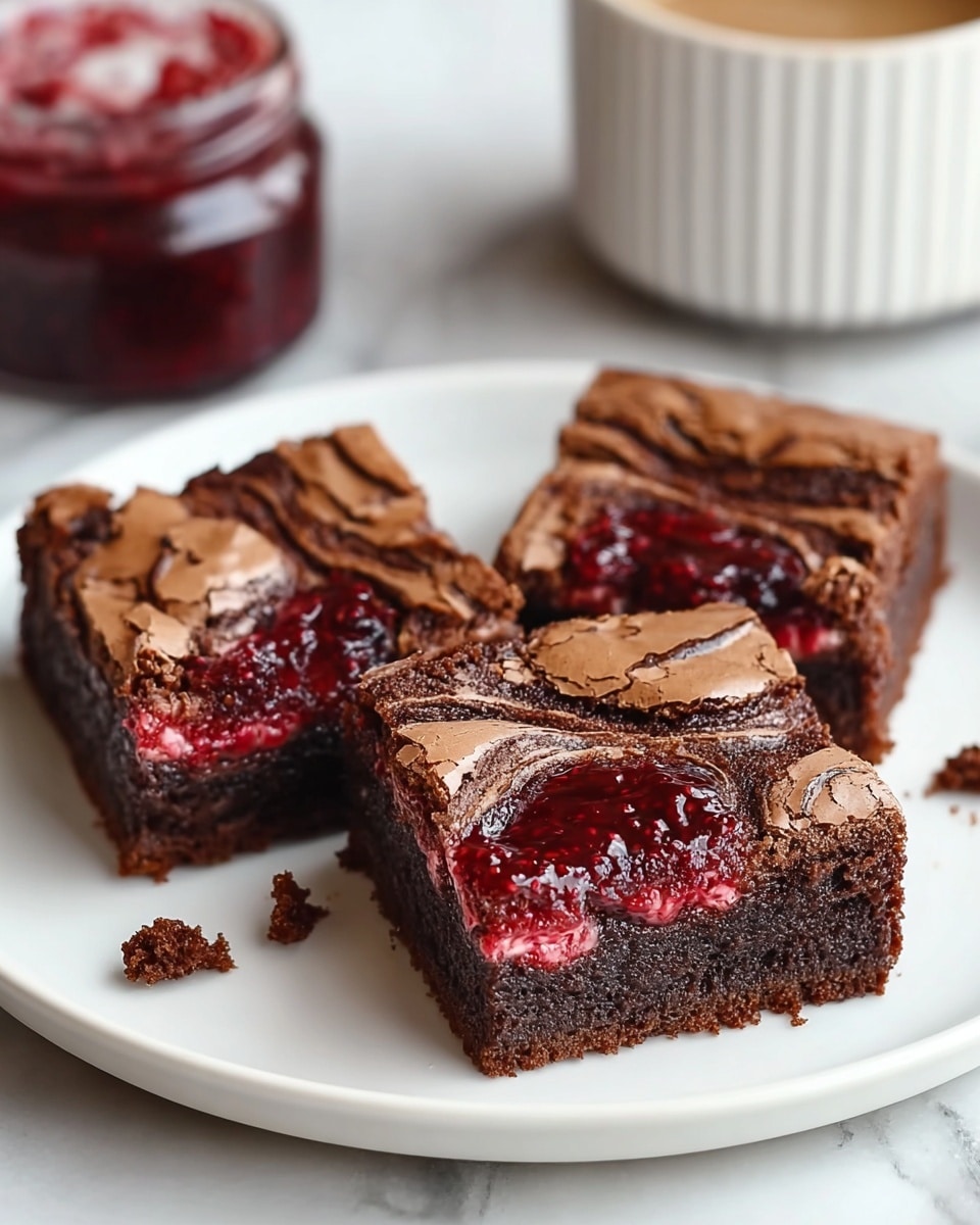 Three square brownies with a cracked, shiny, dark brown top layer sit on a white plate. Each brownie has a swirling pattern of dark chocolate and red berry sauce on the surface, adding a glossy texture and vibrant red color in the center and edges of the swirls. The middle layer looks dense and dark chocolate brown, while the bottom is slightly thicker and solid. Some crumbs are scattered on the plate around the brownies. In the background, there is a blurred white cup and a jar filled with bright red berry sauce, all placed on a white marbled texture. photo taken with an iphone --ar 4:5 --v 7