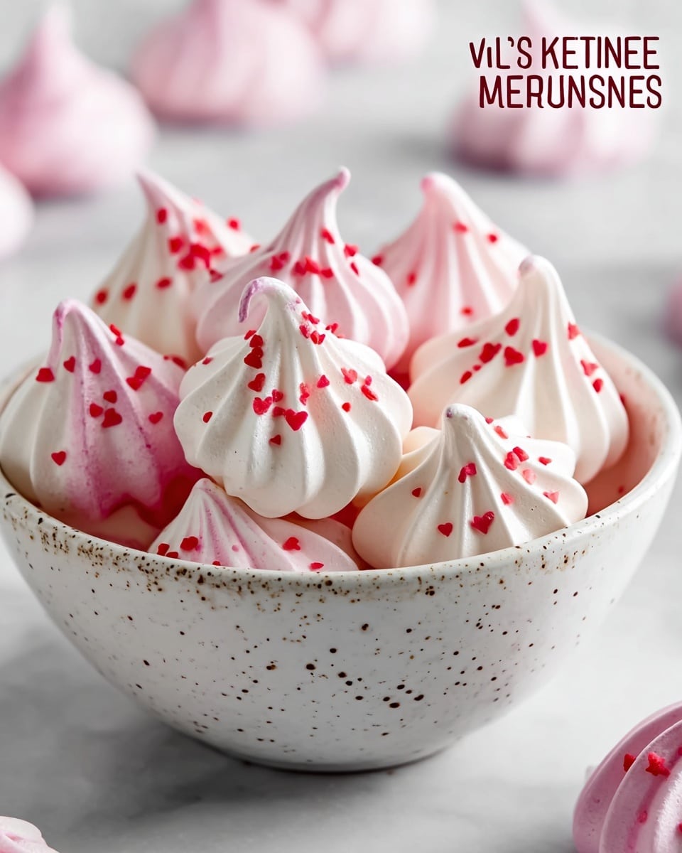 A bowl filled with small meringue kisses, each having a smooth and slightly shiny texture with a swirl shape. The meringues are mostly white with some featuring pink streaks, and they are decorated with tiny red heart-shaped sprinkles scattered on top. The meringues have pointed tips, creating a delicate layered look with ridges circling upward. The bowl is white with small brown speckles, sitting on a white marbled surface that adds a soft, clean background. Soft-focused pink meringue kisses appear blurred in the background, enhancing the image depth. Photo taken with an iphone --ar 4:5 --v 7