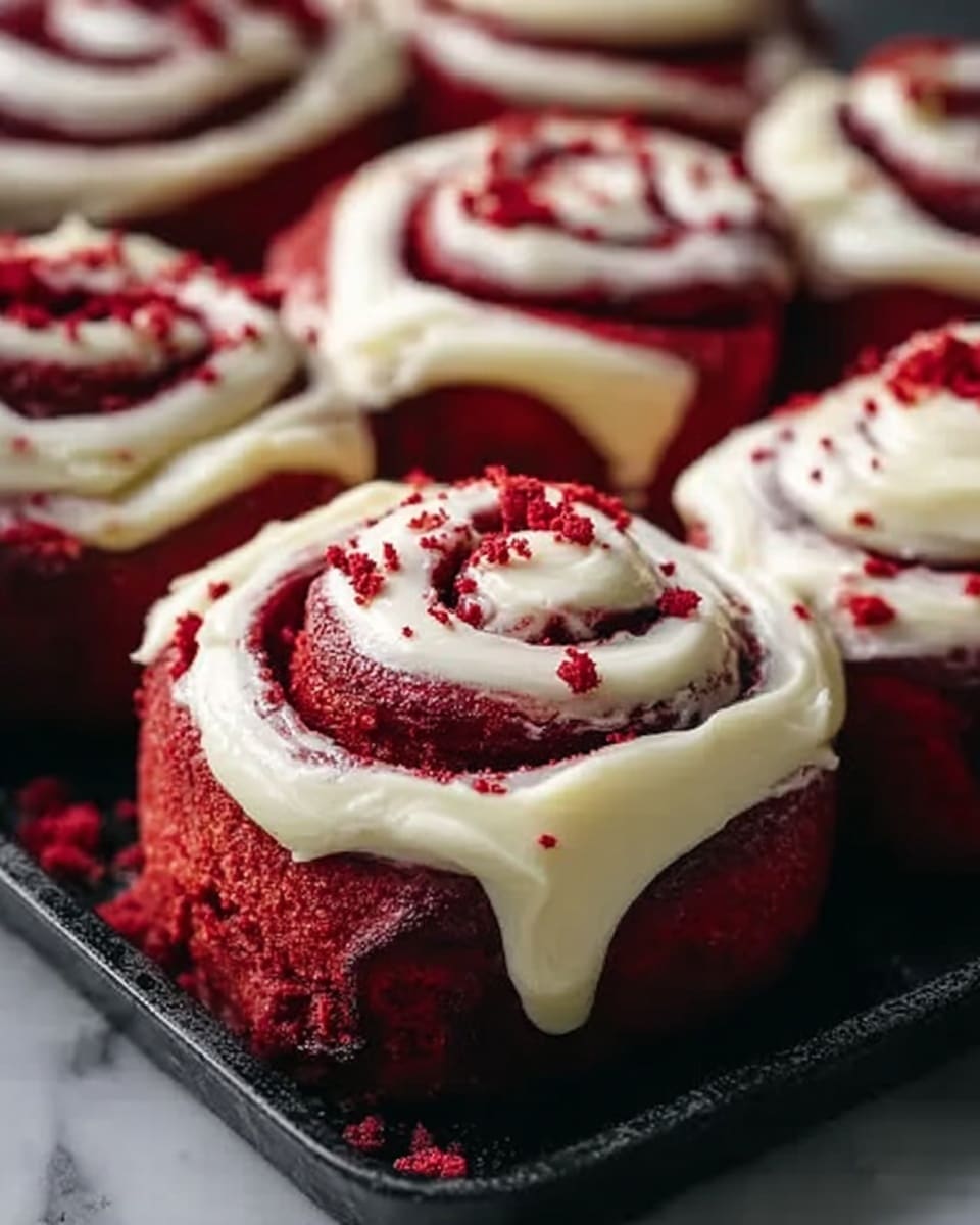 The image shows a close-up of soft, red velvet cinnamon rolls on a black baking tray, each roll layered with a smooth, creamy white icing that drips down the sides. The rolls have a rich red color with a slightly moist texture, topped with small red crumbs scattered on top of the icing. The focus is on the front roll, with several other rolls blurred in the background. The scene is set on a white marbled surface. Photo taken with an iphone --ar 4:5 --v 7