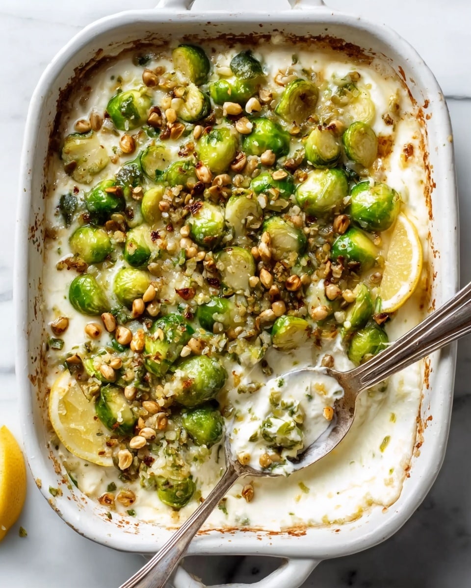 A white rectangular dish filled with a creamy rice base, topped with small green vegetables that look like Brussels sprouts or small sliced green buds, mixed with a sprinkling of seeds or grains and chopped herbs, adding texture and color contrast. A spoon is dipped into the dish on the right side, with a lemon wedge positioned near the top right corner. The entire scene is set on a white marbled surface, highlighting the fresh and vibrant colors of the food. Photo taken with an iphone --ar 4:5 --v 7