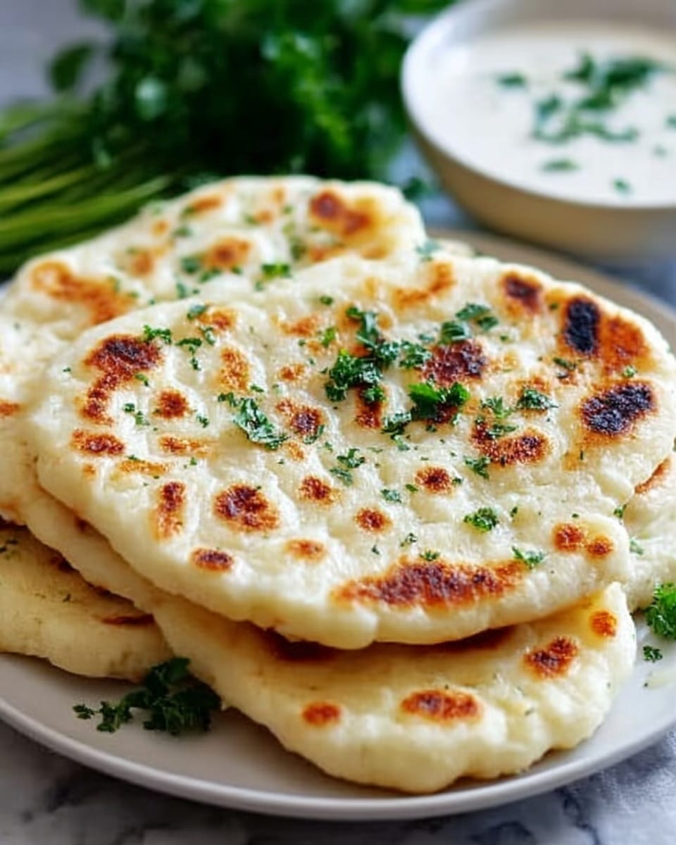 The image shows a close-up of three flat, round breads stacked slightly on top of each other on a white plate, with a white marbled surface underneath. Each bread has a golden-brown, crispy texture with soft white areas, and is sprinkled with small green herb leaves on top. In the blurred background, there is a white bowl with a creamy dip that has small green herb pieces in it. A woman's hand is gently holding the edge of the top bread. The lighting is soft, highlighting the different textures of the bread. Photo taken with an iphone --ar 4:5 --v 7