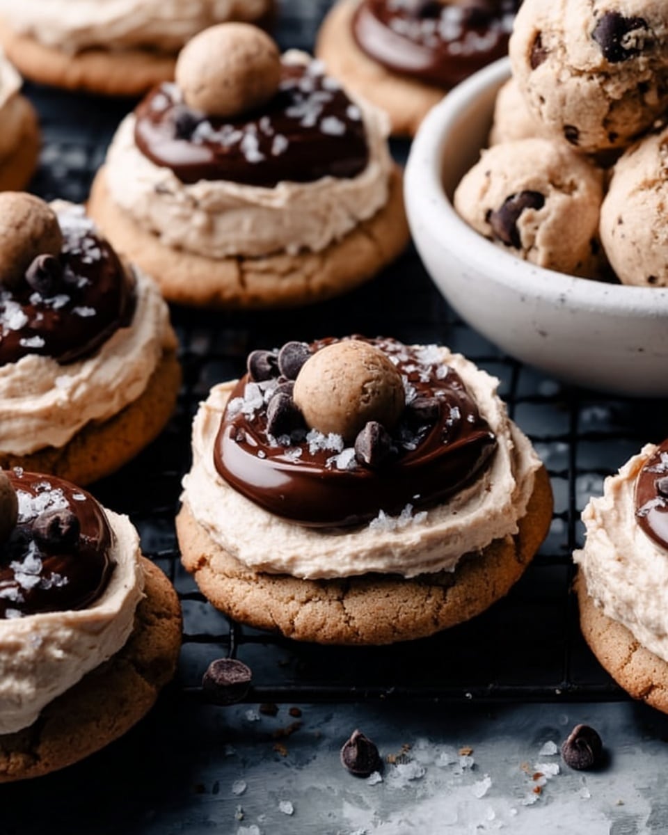 The image shows several round cookies with one big cookie dough base at the bottom, a thick layer of white cream spread in the middle, and a shiny layer of dark chocolate topping part of the cream on top. On the dark chocolate, there are three small balls of cookie dough with chocolate chips embedded in them. Some salt flakes are sprinkled on the chocolate layer. There is a white bowl filled with more small cookie dough balls with chocolate chips in the background. The cookies are placed on a dark wire rack over a white marbled surface. photo taken with an iphone --ar 4:5 --v 7