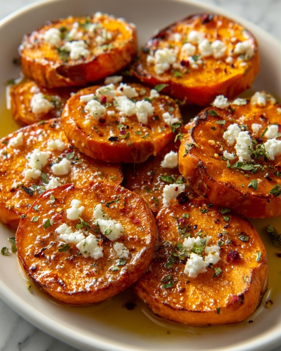 The image shows a white plate holding several thick slices of roasted sweet potatoes that have a rich orange color with slightly charred edges. Each slice is topped with crumbled white cheese, some green herbs, and tiny bits of seasoning scattered on top, giving a fresh and flavorful look. The sweet potatoes have a shiny, slightly glistening texture from a drizzle of oil or sauce, and the white plate sits on a white marbled surface. photo taken with an iphone --ar 4:5 --v 7