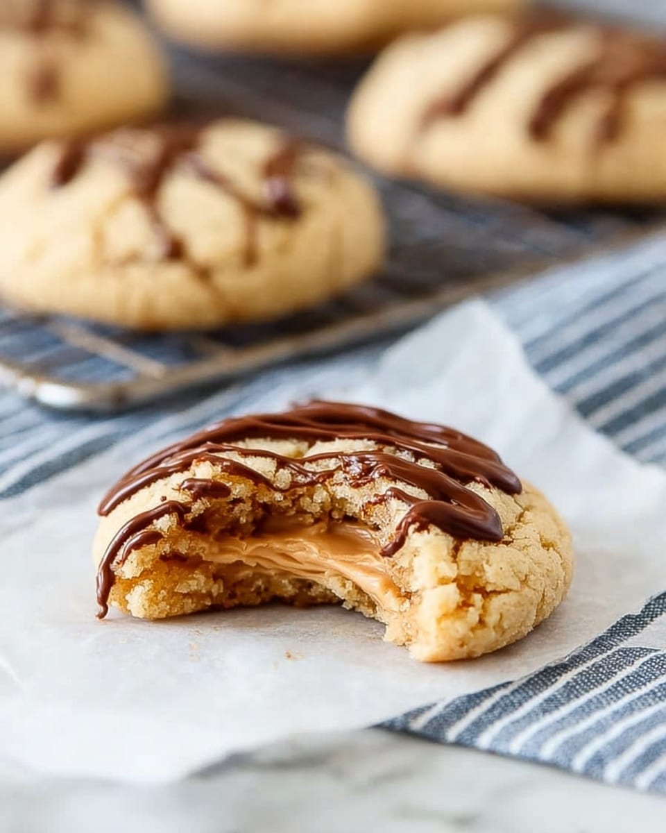 A close-up of a single cookie with a bite taken out showing three layers inside: the outer light brown cookie, a middle lighter brown creamy layer, and an inner white layer. The cookie is topped with three thick lines of dark chocolate drizzled across. It sits on a piece of white parchment paper with a folded blue and white striped cloth underneath. In the background, more cookies rest on a metal cooling rack with a white marbled texture surface beneath. photo taken with an iphone --ar 4:5 --v 7