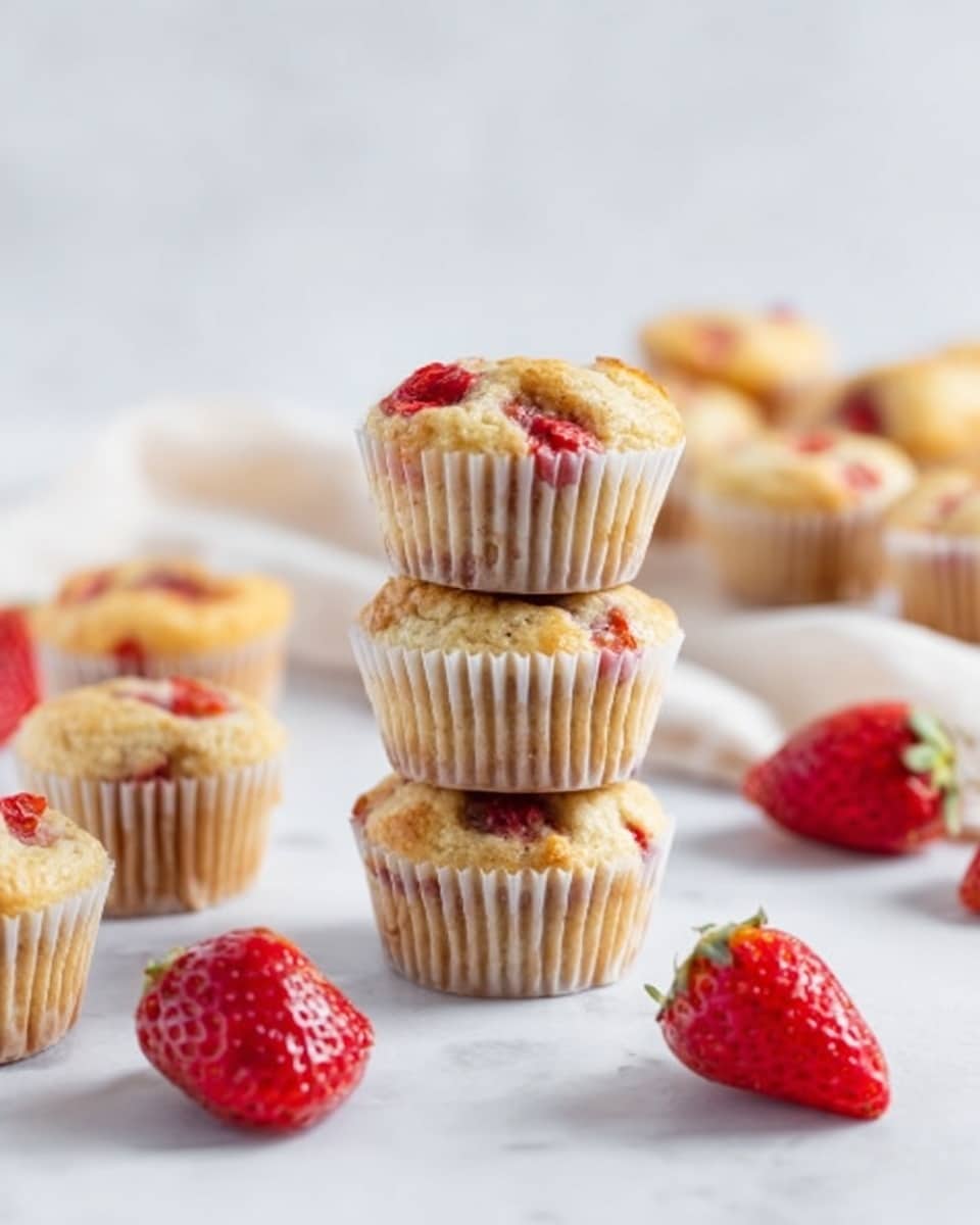 The image shows a stack of five light brown muffins with a soft texture, arranged vertically in the center on a white marbled surface. Around the stack, there are several strawberries with bright red color and green leaves scattered casually. More muffins are placed loosely near the strawberries, some upright and some lying on their sides, inside white cupcake liners. A woman's hand is holding one muffin near the left side of the stack. The scene is bright with natural light, giving a fresh and inviting look to the muffins and strawberries. photo taken with an iphone --ar 4:5 --v 7
