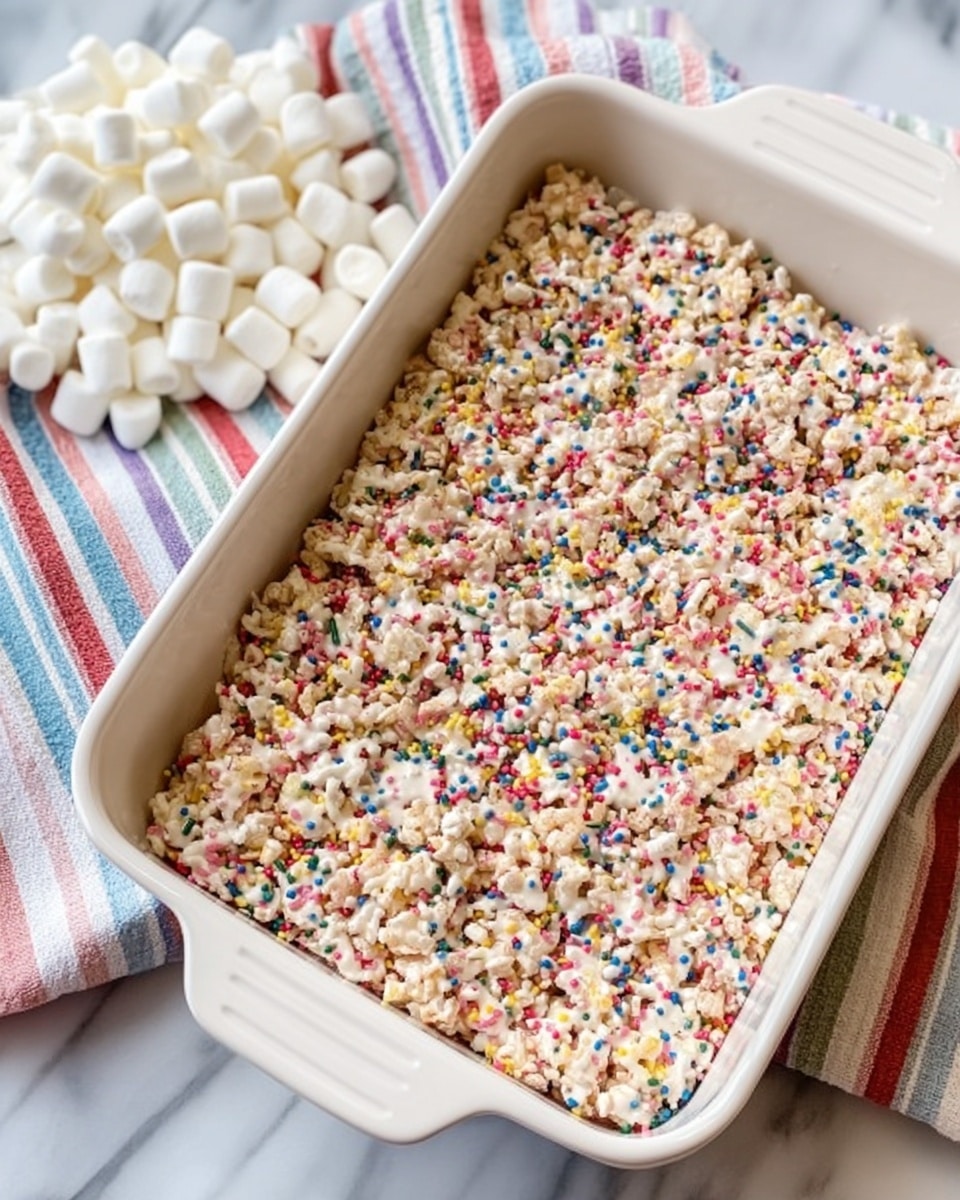 A white rectangular dish filled with a layered treat that looks like a mixture of crispy cereal and melted marshmallow, topped with colorful round and stick sprinkles. The base layer is a creamy white marshmallow coating binding golden crispy cereal pieces together. The top is covered evenly with bright, tiny round sprinkles in red, yellow, blue, and green, along with thin white stick sprinkles creating a textured, festive look. The dish sits on a white marbled surface with a striped cloth nearby, and small white marshmallows scattered next to the dish. Photo taken with an iphone --ar 4:5 --v 7