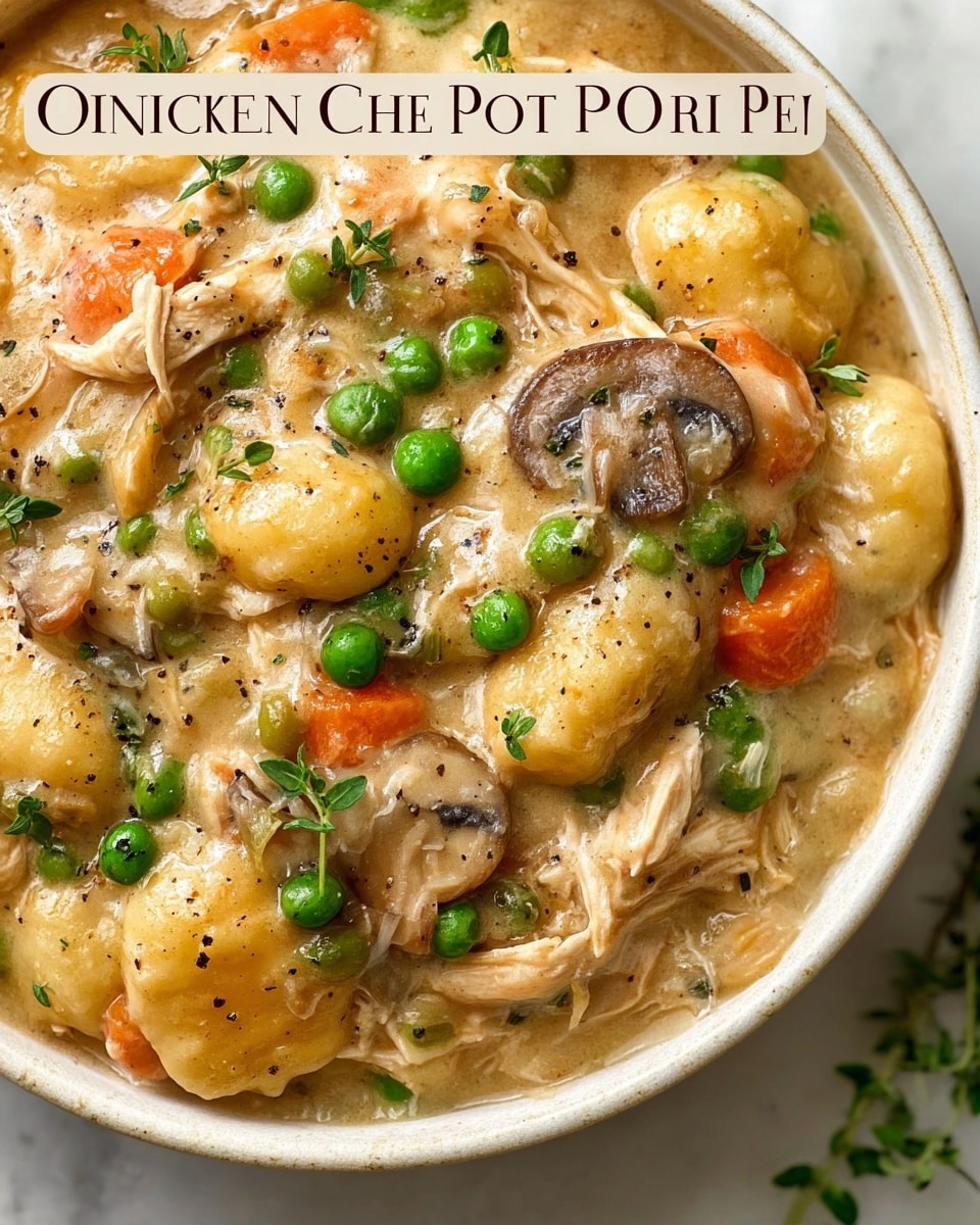 The dish shows a close-up of a creamy one-pot gnocchi chicken pot pie served in a white bowl. The thick sauce coats soft, plump gnocchi pieces in a light golden color mixed with tender shredded chicken. Bright green peas and small round orange carrot slices are spread throughout, adding contrasting colors. Thin slices of brown mushrooms are scattered among the layers, and fresh green herb leaves are sprinkled on top. The whole dish has a rich, glossy texture with visible black pepper sprinkled lightly over it, set against a white marbled background. Photo taken with an iphone --ar 4:5 --v 7