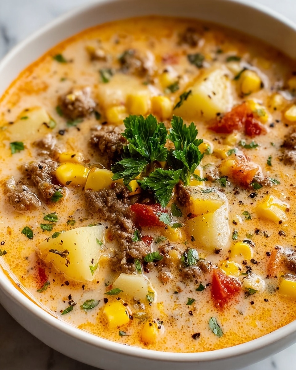 A close-up view of a white bowl filled with thick creamy soup that shows multiple layers of ingredients. The base layer is a smooth, light orange broth dotted with small bits of green herbs and black pepper. Scattered throughout the soup are chunks of browned ground meat, bright yellow corn kernels, small pieces of red tomatoes, and pale yellow potato cubes. On top, a small bunch of fresh green parsley adds a pop of color and texture. The bowl sits on a white marbled surface. photo taken with an iphone --ar 4:5 --v 7