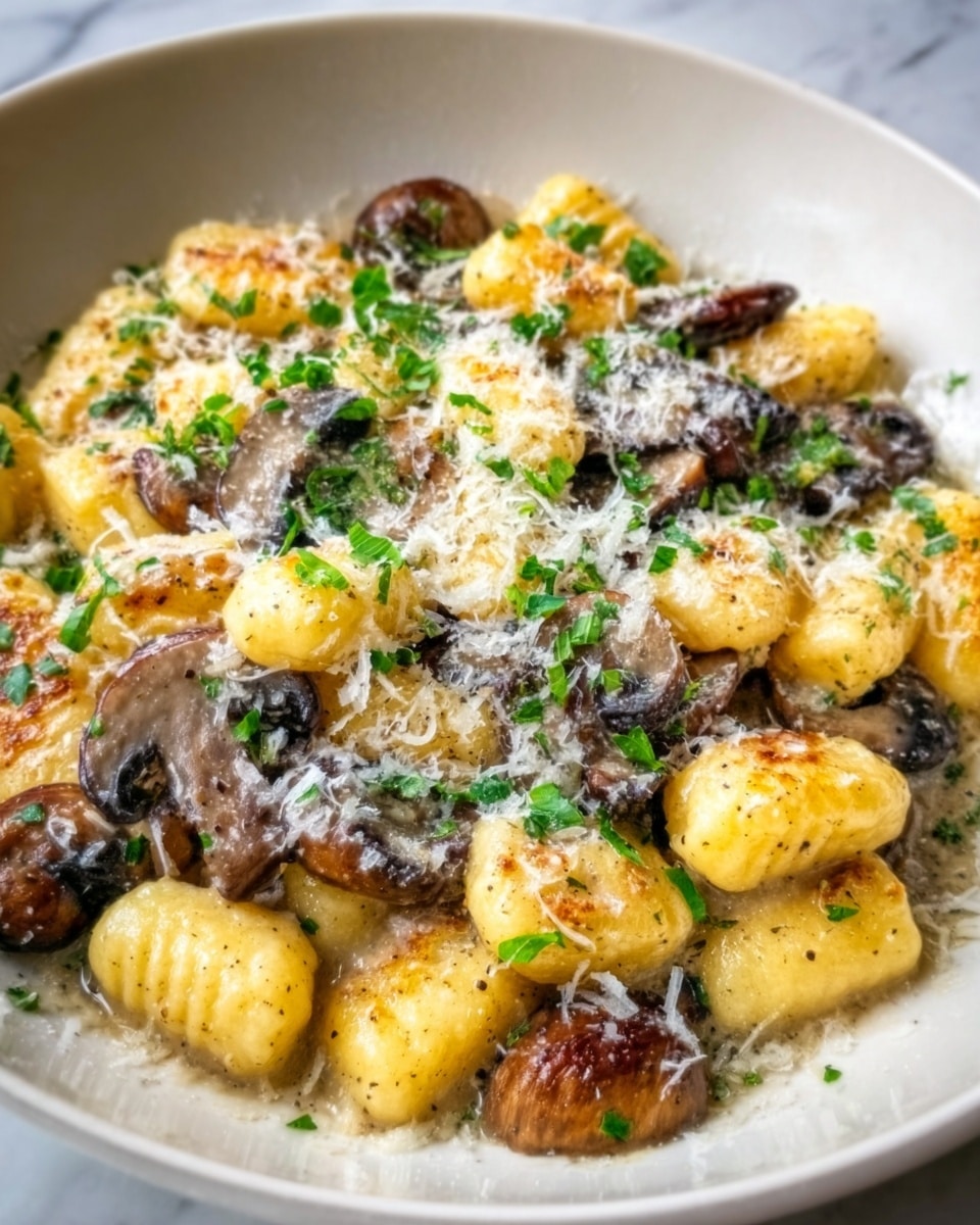The image shows a close-up of a white plate filled with golden gnocchi, each piece with a slightly crispy outside and soft inside. Mixed among the gnocchi are sliced, cooked mushrooms that are dark brown and tender. The dish is topped with a generous layer of finely shredded white cheese, which is melting slightly, and small green herb sprigs scattered over everything, adding a fresh touch. The textures contrast nicely between the smooth gnocchi, the soft mushrooms, and the light fluffiness of the cheese. The plate sits on a white marbled surface, creating a clean and elegant background. Photo taken with an iphone --ar 4:5 --v 7