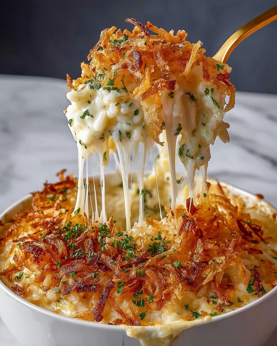 The dish is a creamy baked rice with a generous layer of melted cheese that stretches as a golden spoon lifts a portion. The base layer is soft, white rice mixed in a thick, creamy sauce, speckled with finely chopped green herbs. On top, there is a thick, crispy layer of fried onions, golden brown with some darker edges giving a crunchy texture contrast. The cheese is melted perfectly, creating strings that pull upward, connecting the lifted portion to the rest of the dish in a white bowl sitting on a white marbled surface. Photo taken with an iphone --ar 4:5 --v 7
