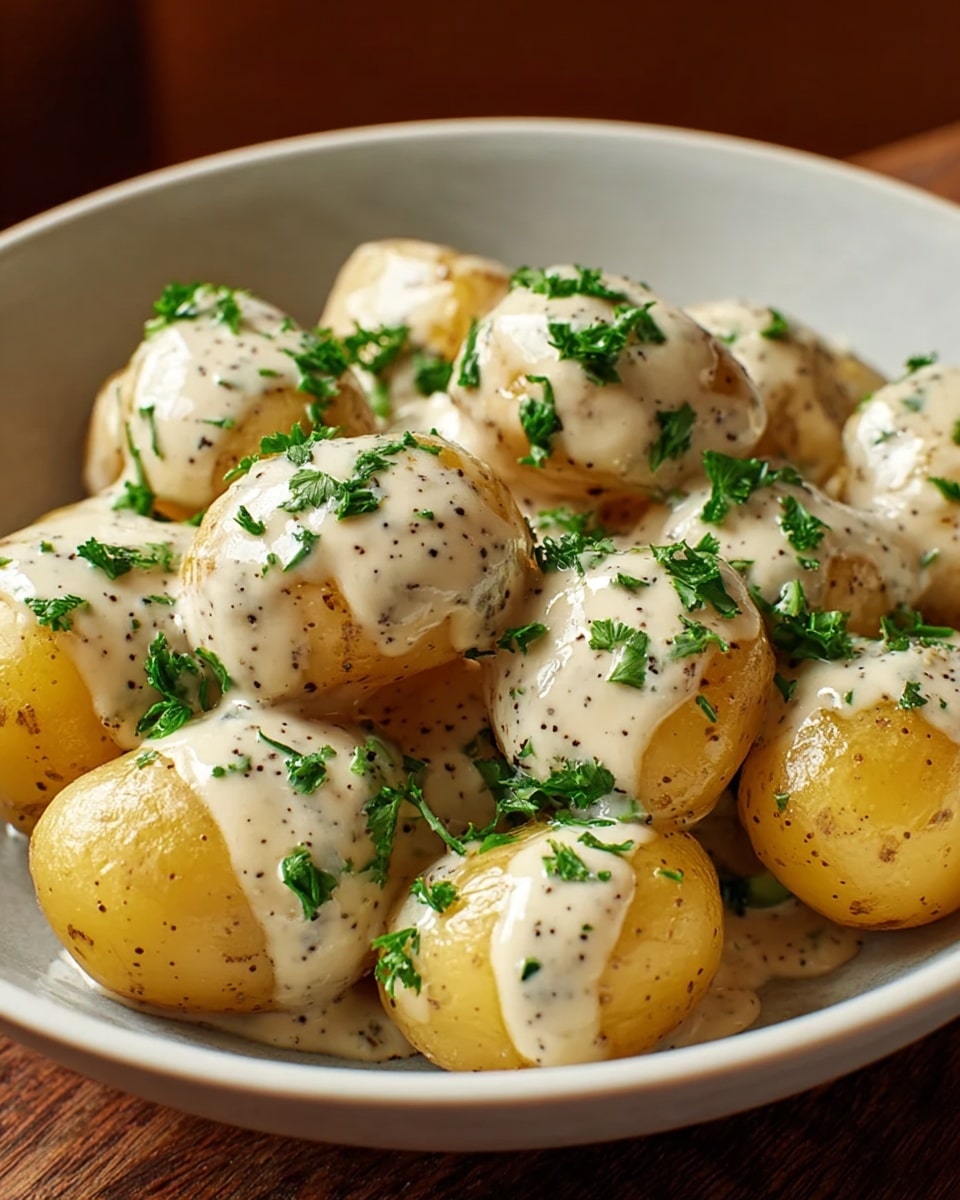 A gray bowl filled with small, round golden potatoes, each covered in a creamy white sauce with specks of black pepper and herbs, drizzled unevenly over the potatoes. Bright green chopped parsley is sprinkled generously on top, adding a fresh contrast to the warm tones of the potatoes and sauce. The bowl sits on a folded dark gray cloth, with a smooth white marbled surface in the background, giving a cozy and inviting look. photo taken with an iphone --ar 4:5 --v 7
