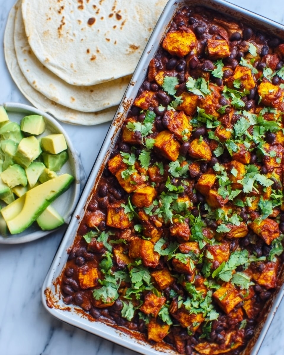 A white tray filled with a layered dish showing three main sections: one side has soft, round tortillas stacked with slight browning spots; next to them is a colorful mix of cooked sweet potato cubes with black beans, sprinkled with chopped green herbs and red onion bits on top; the last section features fresh avocado chunks mixed with light-colored diced onion and small green leaves, all set on a white marbled surface. A woman's hand holds a fork digging into the beans and sweet potatoes, adding a sense of motion to the scene. photo taken with an iphone --ar 4:5 --v 7