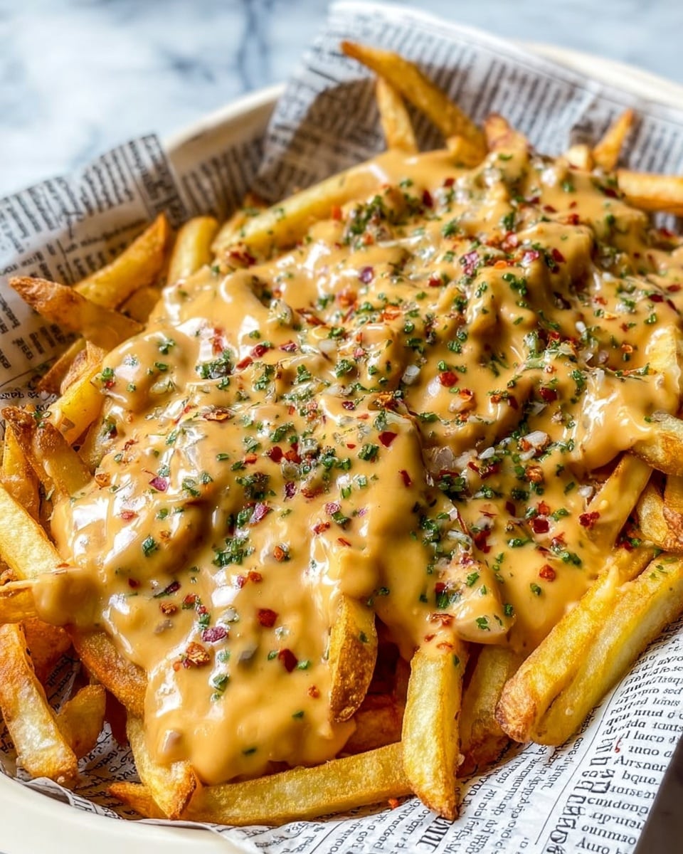 A white bowl lined with newspaper is filled with golden-brown french fries that form the base layer. The fries are covered with a thick, creamy sauce that is light tan in color and has visible specks of green herbs and red pepper flakes sprinkled across the top. The sauce looks smooth and glossy with some chunks, likely of cooked vegetables or meat, mixed throughout. The texture of the fries is crispy around the edges and softer underneath the sauce. The overall look is rich and hearty. The bowl is placed on a white marbled surface. Photo taken with an iphone --ar 4:5 --v 7