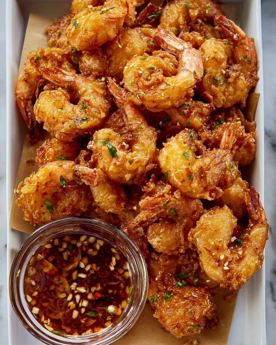 A tray filled with a large pile of golden-brown fried shrimp, each shrimp crisply coated with a textured batter showing slight crunchy ridges and sprinkled with small green herb flakes and red pepper flakes. The shrimp are arranged closely together on a brown parchment paper lining the tray. At the bottom left corner, there is a small clear glass bowl filled with a glossy, amber-colored dipping sauce with visible red pepper flakes. The tray rests on a white marbled surface. photo taken with an iphone --ar 4:5 --v 7