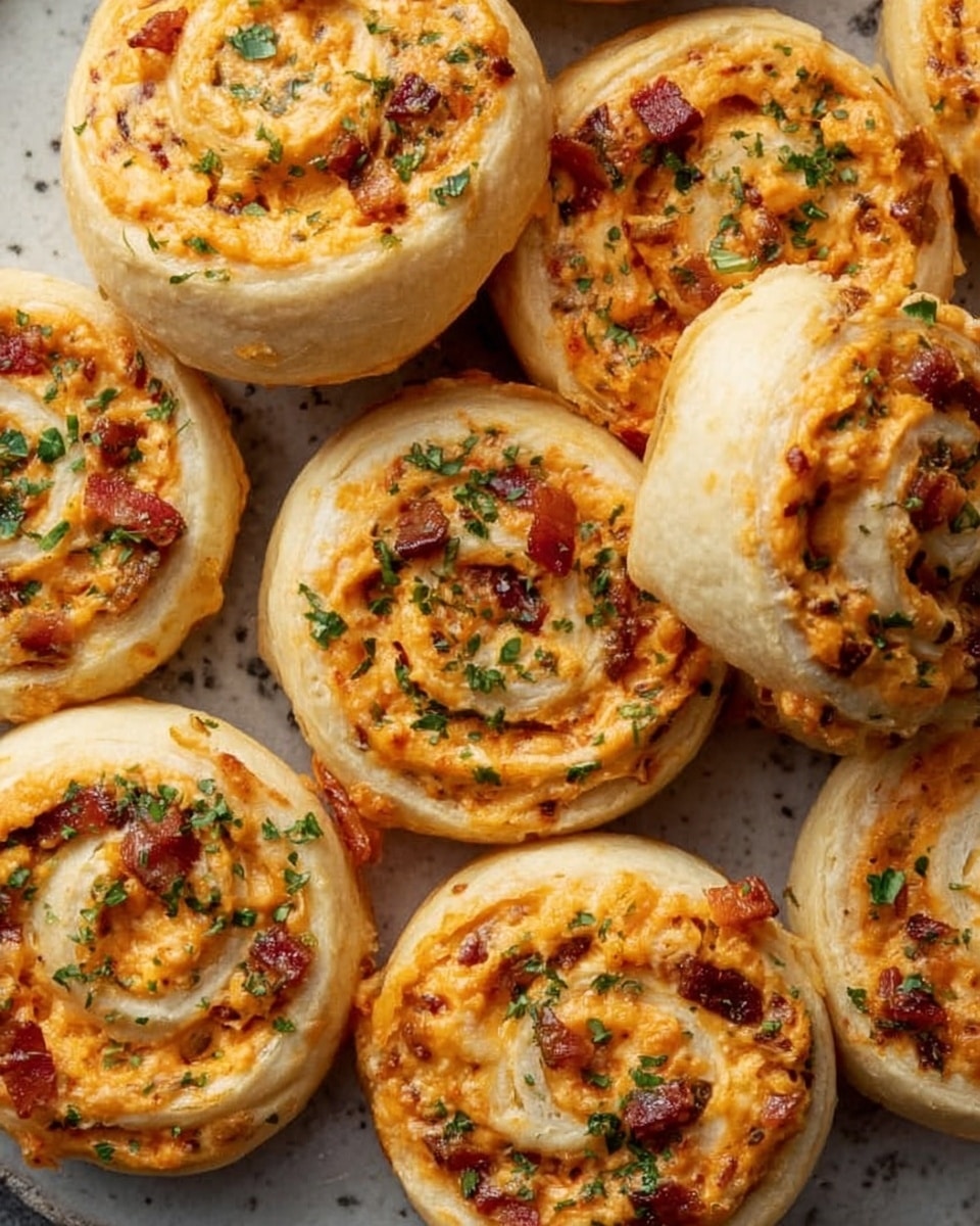 The image shows a group of golden brown cheese and bacon pinwheels arranged closely together on a brown baking sheet. Each pinwheel has two visible layers: the outer layer is light and flaky dough, slightly browned on the edges, while the inner filling layer is a rich orange cheese mixed with small bits of red bacon and green herbs scattered on top. The pinwheels have a round, spiral shape with the filling evenly spread inside the dough. The surface has a lightly textured look from the baked cheese and herbs. Photo taken with an iphone --ar 4:5 --v 7
