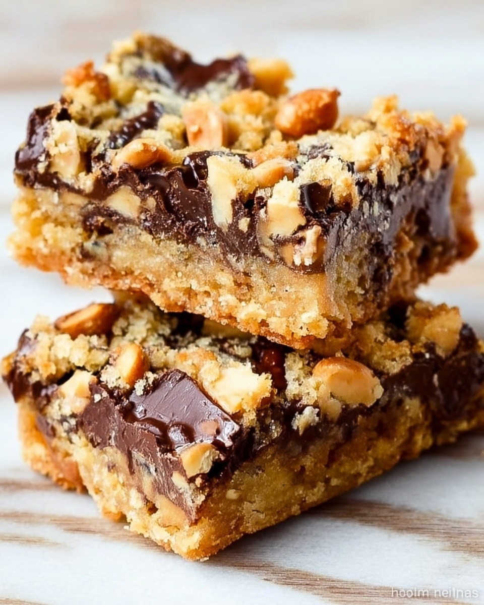 Two gooey dessert bars rest on a white marbled surface. Each bar has a golden-brown base with a soft, chewy texture speckled with dark melted chocolate chips and small light brown nut pieces sprinkled on top. The bars are cut into rectangles, and the layers show a dense, moist inside with glossy melted chocolate and bits of nuts scattered unevenly. One bar is leaning on the other, showing the thick texture and the mix of caramel-like goo and chocolate. photo taken with an iphone --ar 4:5 --v 7