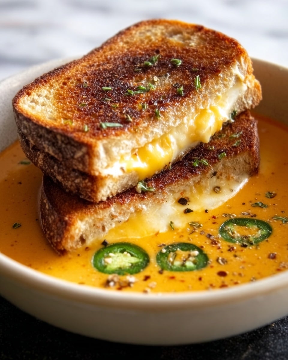 A white bowl filled with a creamy orange soup topped with small green jalapeño slices and black seeds, with a golden brown grilled sandwich partially dipped into the soup. The sandwich has visible grill marks, with melted cheese oozing slightly from the sides. The texture of the sandwich is crispy and toasted, contrasting with the smooth soup. The bowl sits on a white marbled surface. Photo taken with an iphone --ar 4:5 --v 7