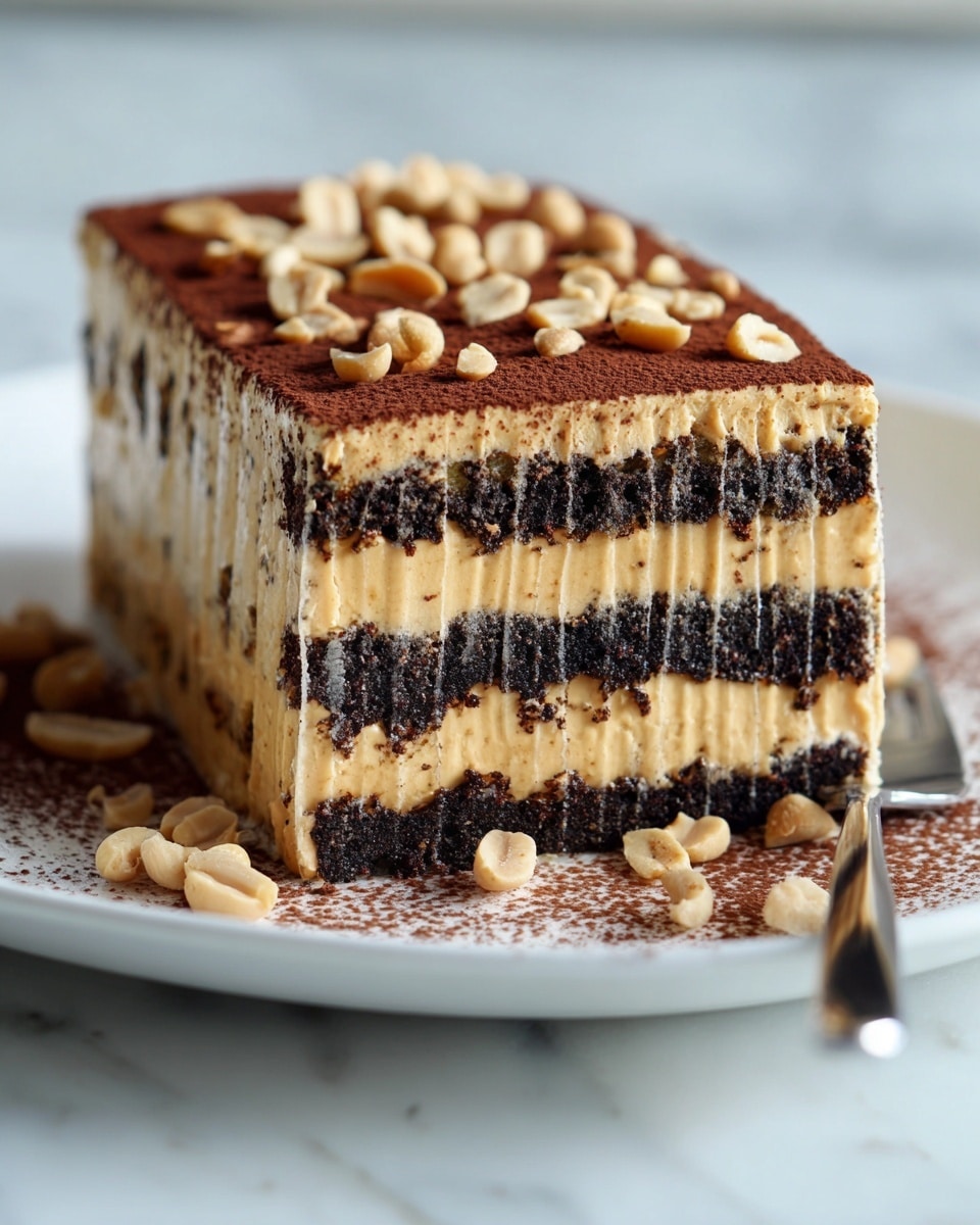 A rectangular slice of layered dessert sits on a white plate with a white marbled texture below. The dessert has alternating vertical layers of dark chocolate cookie crumbs and light beige creamy filling, creating a striped pattern on the side. The top is covered with a smooth layer of the same light beige cream, sprinkled with whole and halved peanuts and a dusting of dark cocoa powder. More cocoa powder and scattered peanuts surround the dessert on the plate, adding texture and color contrast. A knife rests on the plate next to the dessert. photo taken with an iphone --ar 4:5 --v 7