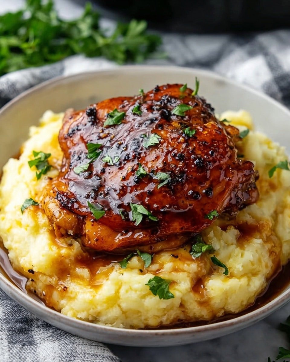 A close-up image of a dish featuring a single large piece of cooked chicken thigh with a shiny, dark brown glaze and some black pepper specks on top, garnished with small green parsley leaves scattered around. The chicken sits on a thick layer of creamy mashed potatoes, which have a light yellow color and a slightly chunky texture. The dish is served on a round white plate placed on a white marbled surface with a soft checkered cloth partially visible nearby. photo taken with an iphone --ar 4:5 --v 7