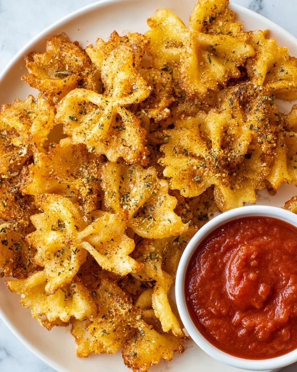 A white plate filled with many pieces of golden brown fried bowtie pasta chips, showing a crispy texture with some darker edges and sprinkled with black pepper and herbs, placed next to a small white bowl of thick, smooth red marinara sauce on the right side. The whole setting is on a white marbled surface. Photo taken with an iphone --ar 4:5 --v 7