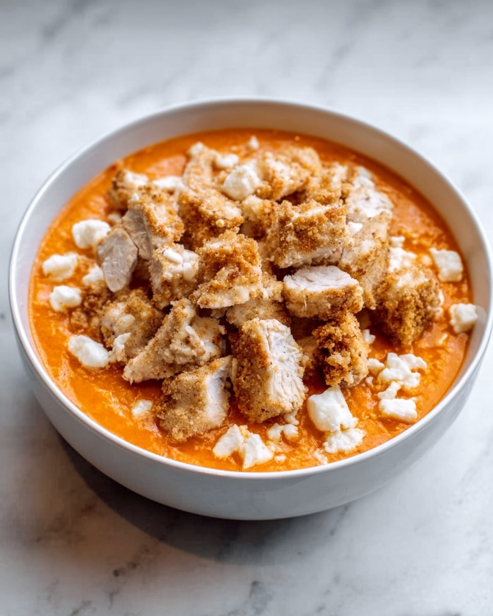 The image shows a white bowl filled with a thick orange soup or sauce, with small white crumbles scattered on top. On the surface of the soup, pieces of crispy breaded chicken are broken into chunks and layered unevenly, adding texture and light brown color contrast. The bowl sits on a white marbled surface, and part of a woman's hand is visible on the side holding the bowl. The colors are warm and inviting, with a mix of smooth soup, crumbly cheese, and crunchy chicken pieces. photo taken with an iphone --ar 4:5 --v 7