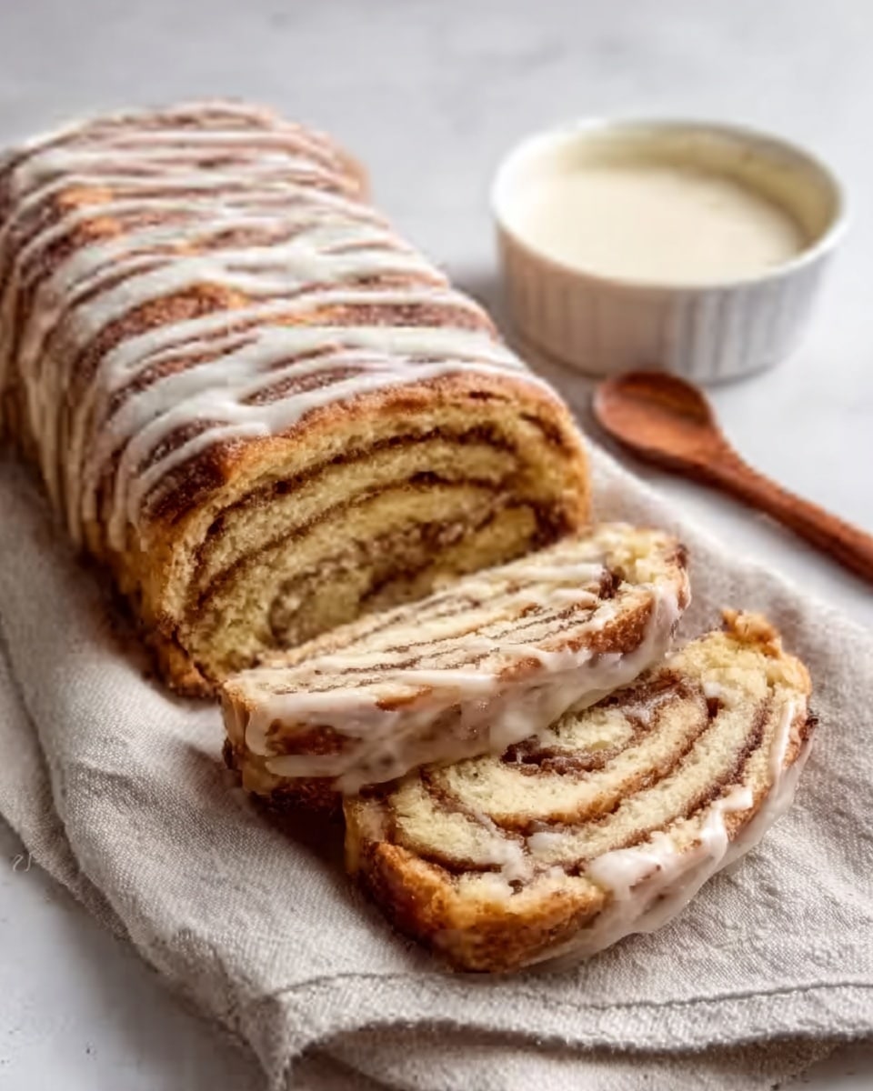 The image shows a sliced loaf of swirled cinnamon bread with visible layers of light golden brown dough and darker cinnamon filling twisted inside. The outside crust is slightly darker with a glossy look. Two slices lie flat in front of the loaf, revealing the inner spiral pattern. The loaf rests on a beige cloth on a white marbled surface. Next to it is a small clear glass bowl filled with white icing and a wooden spoon placed beside it. A woman's hand holds one of the slices near the loaf. The scene has soft natural lighting. photo taken with an iphone --ar 4:5 --v 7