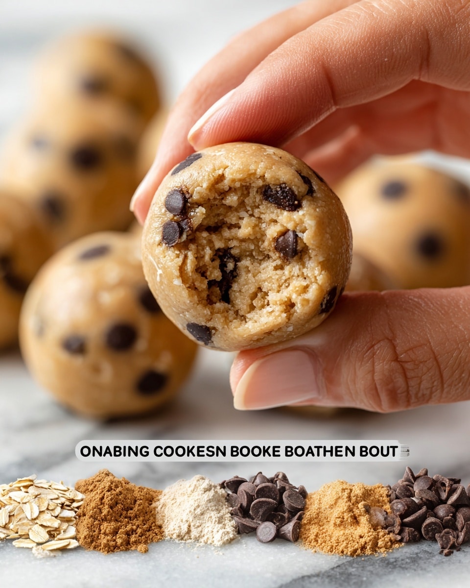 A close-up of a no-bake protein ball with a cookie dough flavor is held between a woman's thumb and forefinger, showing a soft, slightly crumbly beige dough texture studded with dark chocolate chips. In the blurred background, several more protein balls sit on a white marbled surface. Below, ingredients for the balls are arranged in a neat group on the same white marbled texture, including layers of light beige rolled oats, glossy light brown peanut butter, dark brown chocolate chips, light beige flour, and a tan powdered ingredient, all displayed clearly in separate piles. Photo taken with an iphone --ar 4:5 --v 7