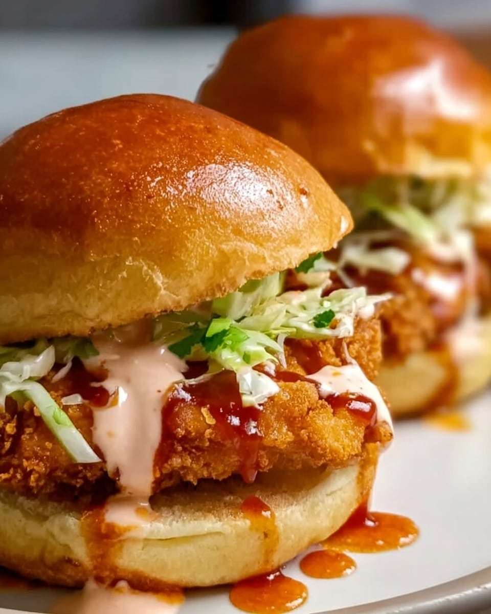 The image shows two fried chicken sandwiches placed on a white plate on a white marbled surface. Each sandwich has a golden-brown, crispy fried chicken piece as the main layer, topped with thin strips of pale green lettuce. Drizzled over the chicken are two sauces: a light creamy pink sauce and a darker reddish-brown sauce that slightly drips onto the plate. The sandwiches are housed in soft, shiny, golden-brown buns with a smooth texture. The focus is on the front sandwich with the second one slightly blurred behind it. Photo taken with an iphone --ar 4:5 --v 7