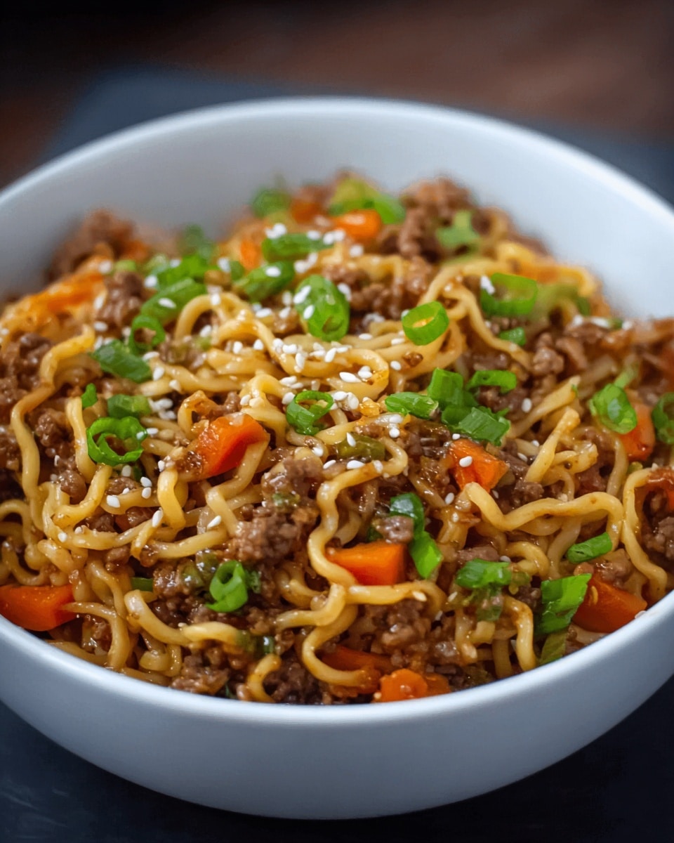 The image shows a white bowl filled with cooked noodles mixed with minced meat and small carrot pieces. The dish is topped with chopped green onions and white sesame seeds scattered across the surface. The noodles and meat have a slightly shiny, saucy texture with a mix of brown and orange colors. The bowl is placed on a blurred dark surface. photo taken with an iphone --ar 4:5 --v 7