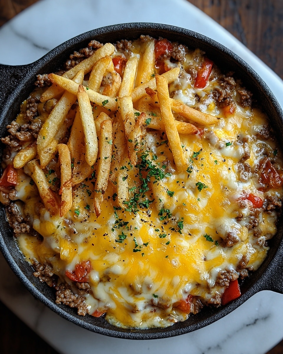 The dish is served in a round, black skillet placed on a white marbled surface. The bottom layer is a mix of browned ground meat and small tomato pieces with a rich, chunky texture, topped by a thick layer of melted yellow and white cheese that is gooey and slightly browned in spots. On the top, there are golden, crisp French fries scattered unevenly, with a sprinkling of chopped green herbs and a few black pepper specks for garnish. The overall look is warm and cheesy with a mix of textures from the soft cheese to the crispy fries. photo taken with an iphone --ar 4:5 --v 7