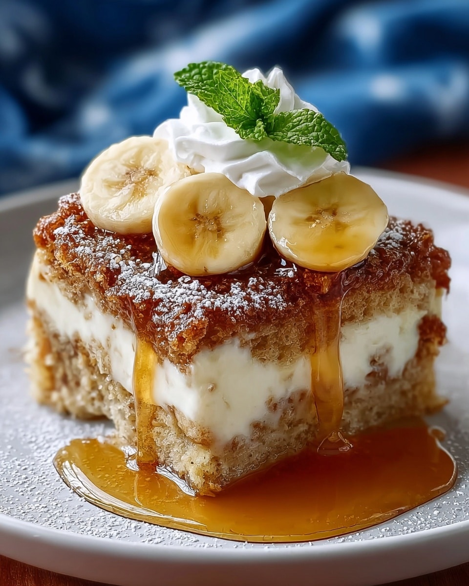 A square slice of a multi-layered banana dessert sits on a white plate, with a crumbly brown top layer dusted lightly with powdered sugar. Below the top, a thick creamy white layer is visible, sandwiching a soft, moist beige layer that looks like soaked bread or cake. On top, three banana slices with a smooth, light yellow surface are placed next to a dollop of white whipped cream and a small green mint leaf. A drizzle of shiny golden syrup flows down the bananas and side of the slice, pooling on the plate. The background shows a blurred blue cloth with a white marbled texture beneath the plate. Photo taken with an iphone --ar 4:5 --v 7
