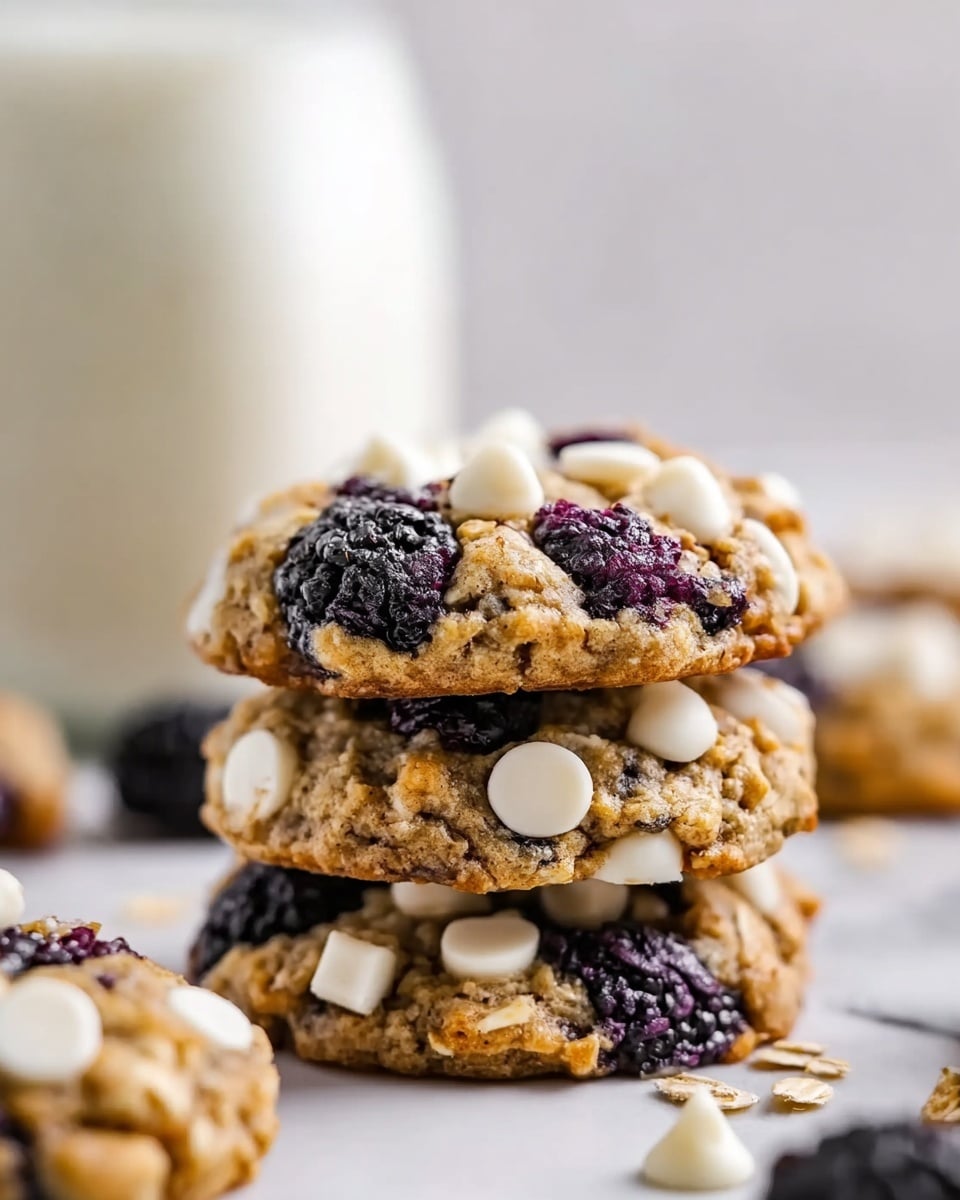 A close-up view of a stack of three oatmeal cookies with visible oats, dark dried berries, and large white chocolate chips scattered on each cookie. The cookies have a rough, textured surface with a mix of golden brown oats and darker cookie base. Around the stack, there are loose blackberries and some chocolate chips on a white marbled surface. A blurry glass of milk is in the background. photo taken with an iphone --ar 4:5 --v 7