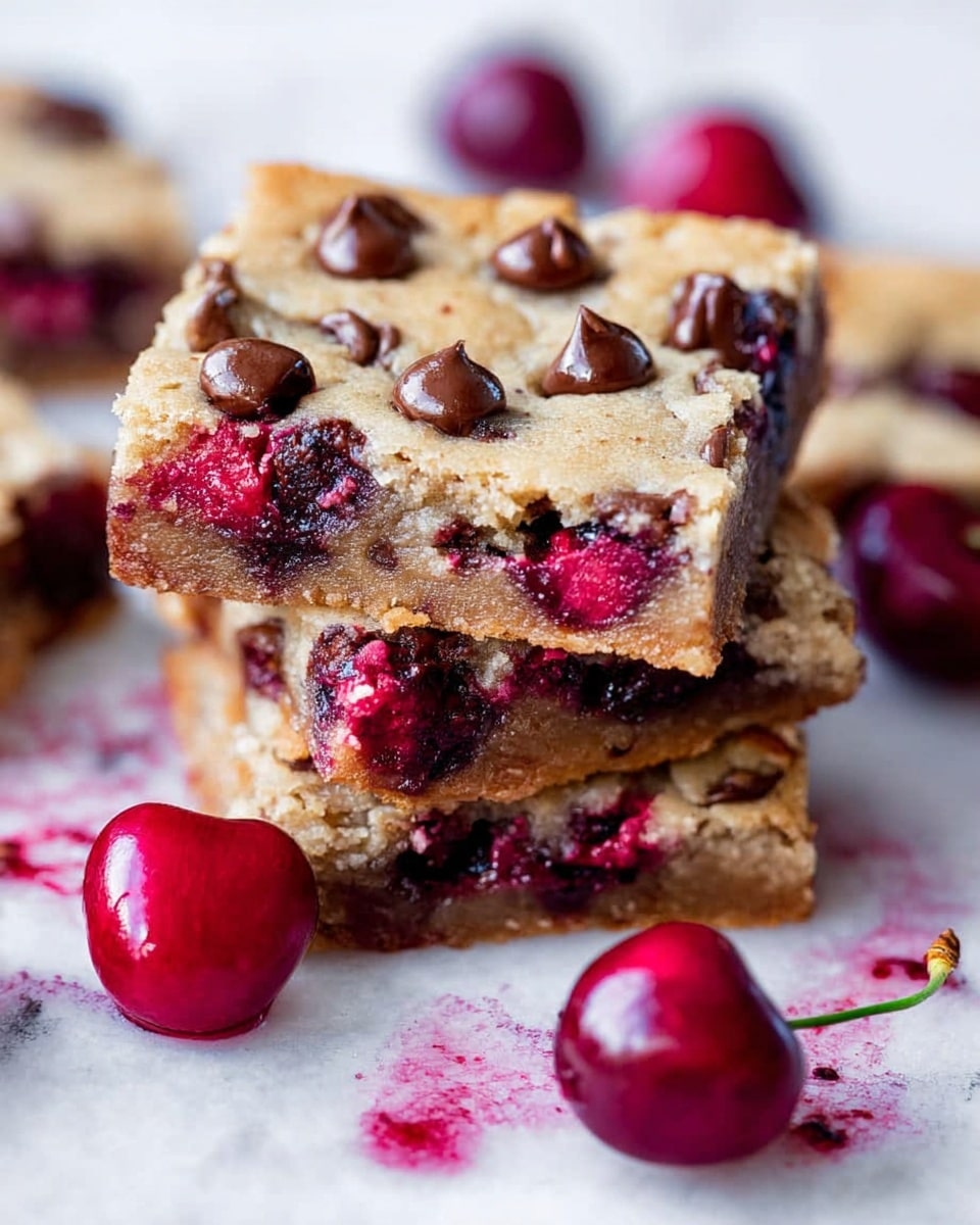 A close-up view of a stack of three square cherry chip bars shows a soft, golden-brown cookie base with visible swirls and pockets of melted chocolate chips and bright red cherries embedded within. The top layer is lightly cracked with chocolate chips scattered throughout, and juicy cherry pieces add a pop of deep red color, some oozing slightly onto a white marbled surface beneath. The two fresh whole cherries in the foreground display a shiny, smooth texture and deep red color, with one cherry's stem gently curved. The image captures the bars with soft natural light highlighting their rich, moist texture. Photo taken with an iphone --ar 4:5 --v 7