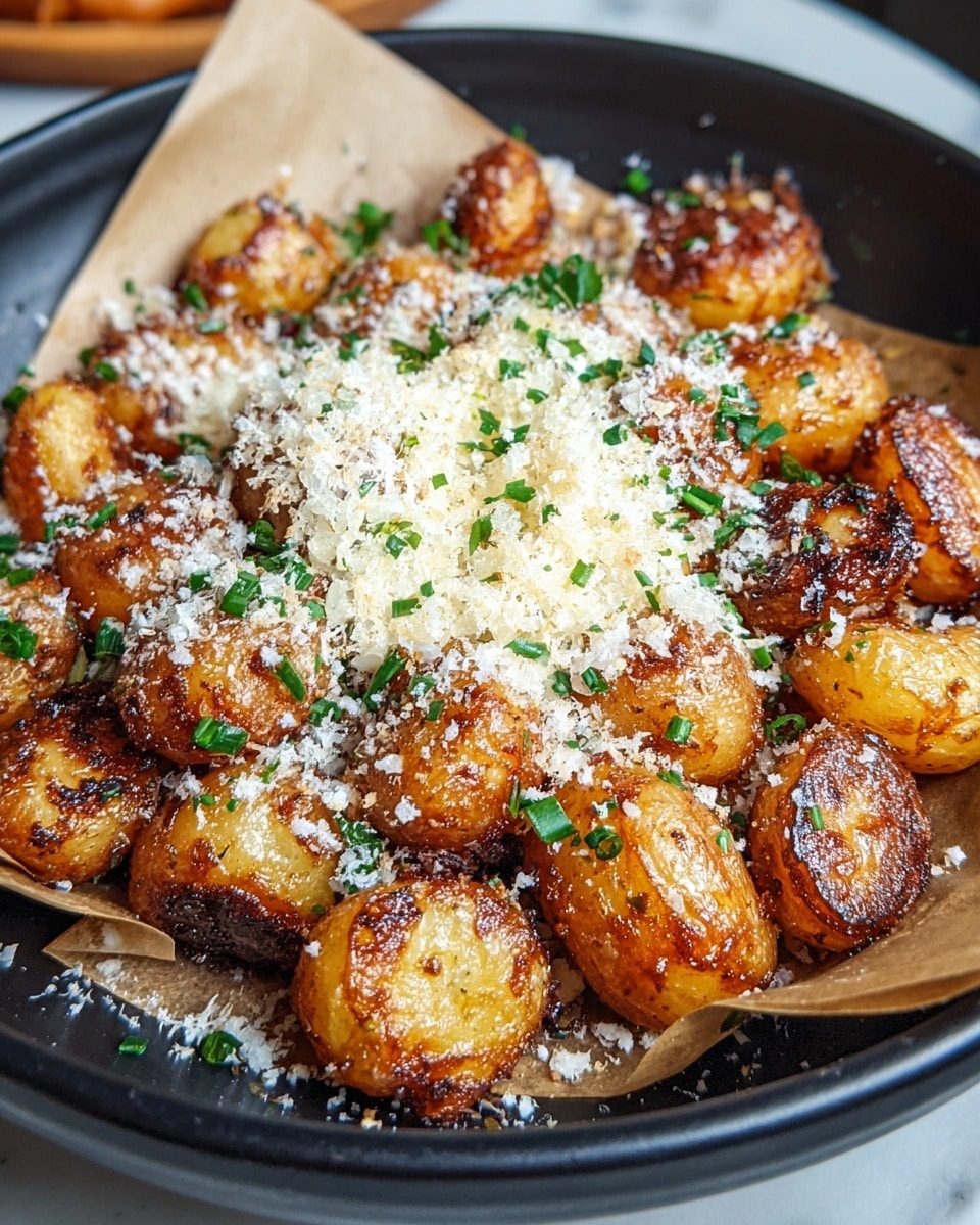 A black bowl holds a pile of small, round fried potatoes that are golden brown with some charred spots, giving them a crispy texture. The potatoes are topped with a generous layer of grated white cheese that covers the center, and small green herb pieces are scattered evenly over the dish. The bowl is lined with a light tan paper, and the background is a white marbled texture. photo taken with an iphone --ar 4:5 --v 7