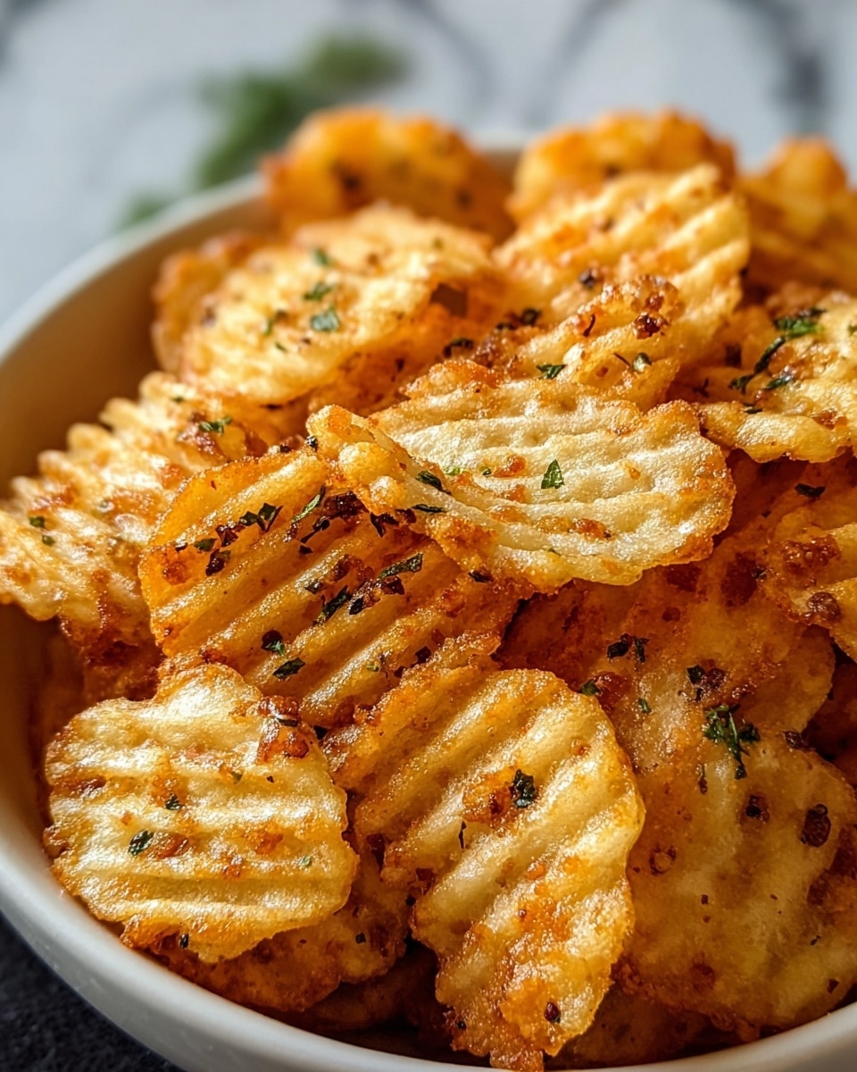 A close-up view of a bowl filled with crispy golden round chips stacked in layers, each chip having a ridged texture with light and darker golden browns. Tiny green herb flakes are scattered all over the chips, adding contrast. The bowl is white and sits on a white marbled surface. The chips look crunchy and slightly oily, with an inviting warm color and rough granular texture on top. Photo taken with an iphone --ar 4:5 --v 7