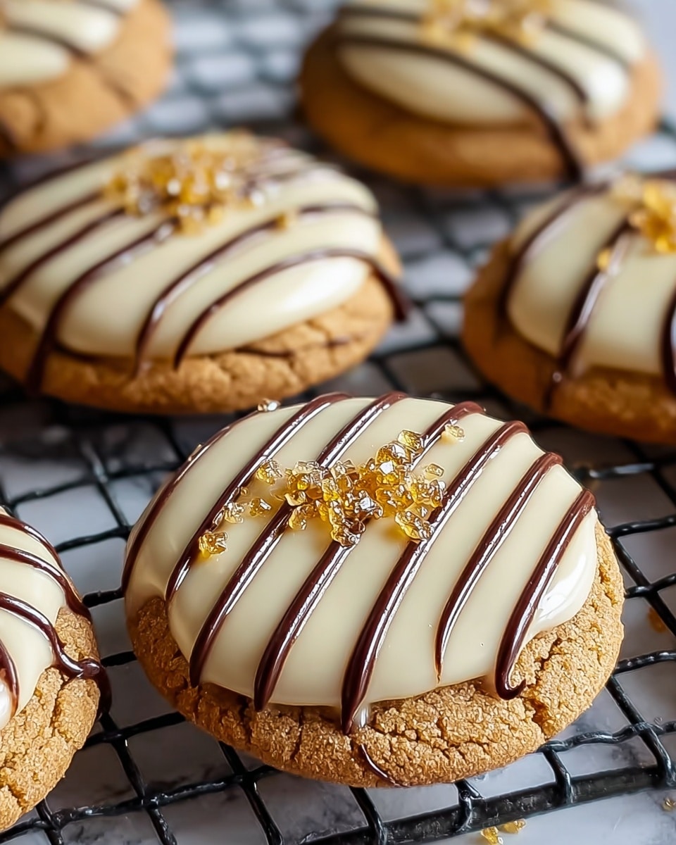 The image shows round cookies with a golden-brown base that looks slightly cracked and coarse in texture. Each cookie has a smooth, creamy white icing layer on top, which covers about half of the cookie's surface. Over the white icing, there are thin, dark brown chocolate stripes placed diagonally across the cookies. Some cookies are also topped with small clusters of crunchy golden-brown sugar crystals, adding sparkle and texture to the smooth icing. The cookies are arranged on a wire cooling rack set on a white marbled surface. photo taken with an iphone --ar 4:5 --v 7