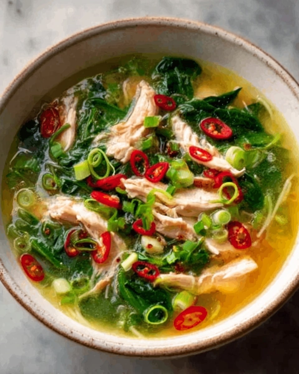 The image shows a white bowl filled with a soup that has multiple layers. At the bottom, there is a light yellow broth with a clear texture. On top of the broth, there are bright green spinach leaves and slices of light brown cooked chicken arranged around the bowl. Red chili slices and small green onion pieces are sprinkled evenly over the soup, adding a fresh and colorful touch. The bowl is placed on a white marbled surface. Photo taken with an iphone --ar 4:5 --v 7