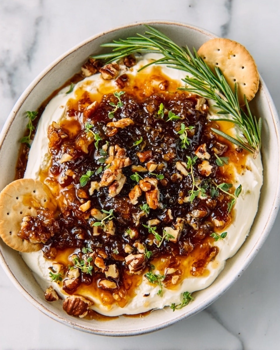 The image shows a white oval dish filled with a creamy, soft white cheese layer spread evenly at the bottom. On top, there is a thick layer of glossy, orange-brown jam spread mostly in the center, leaving some cheese visible around the edges. Scattered on the jam are chopped pecans and small green sprigs of rosemary and thyme, adding texture and color contrast. A single round white cracker is placed standing on the cheese and jam near the top center of the dish, garnished with a small sprig of rosemary. The dish is set on a white marbled surface with some more white round crackers visible in the background. photo taken with an iphone --ar 4:5 --v 7