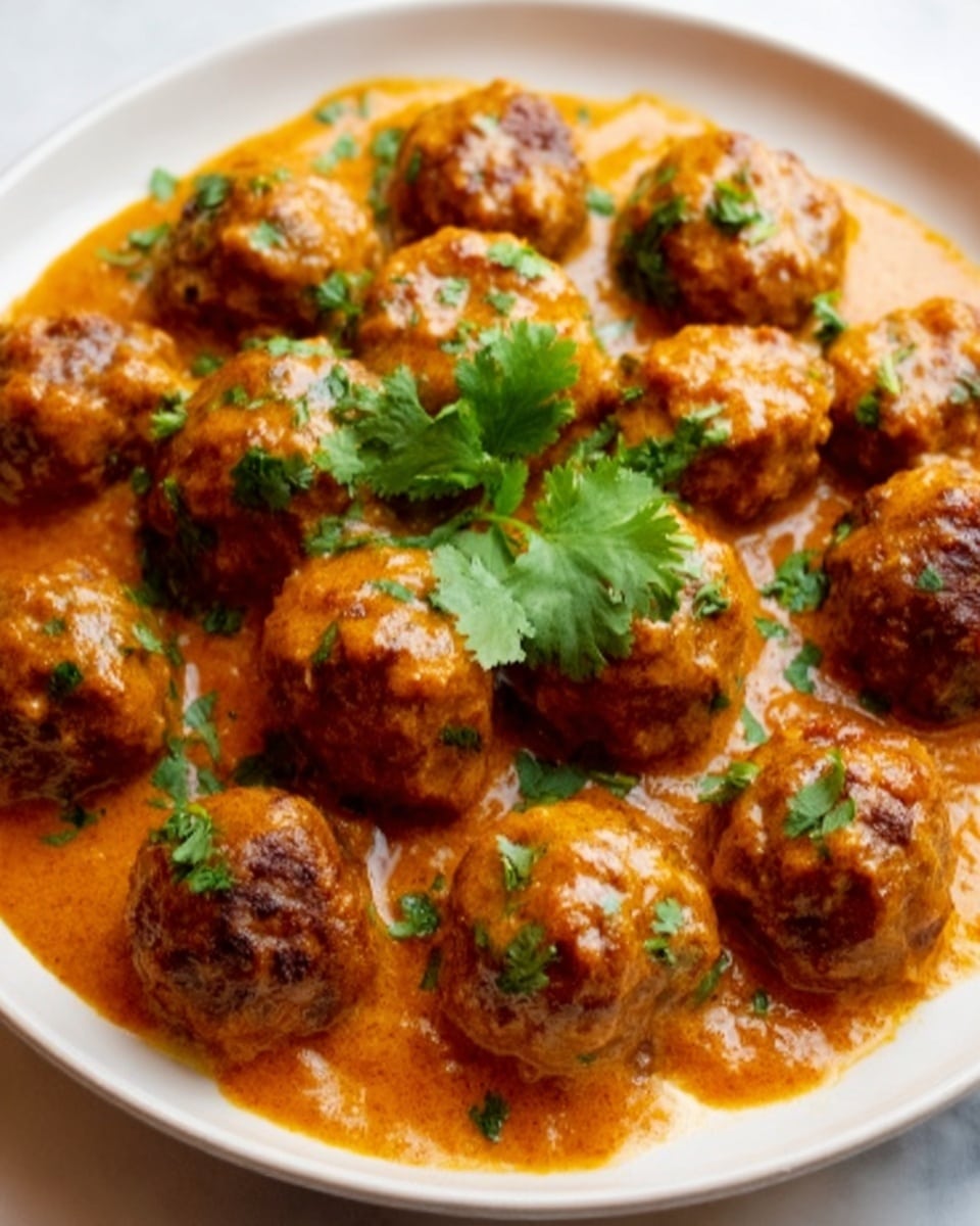 A white plate holds about nine brown meatballs covered in thick orange sauce with a smooth texture, scattered lightly with small green herb leaves on top, all on a white marbled surface. Photo taken with an iphone --ar 4:5 --v 7