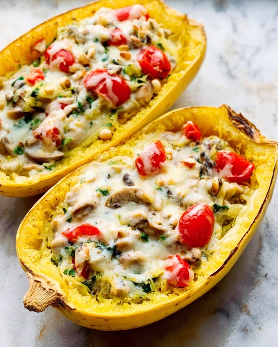 A halved yellow spaghetti squash filled with a colorful mix of melted white cheese, small round white beans, diced red tomatoes, and bits of green herbs, all sitting on a toasted brown surface. The cheese looks soft and gooey, covering the filling with some bubbles and slight browning on top, while the vegetables and beans add specks of red, white, and green inside the bright yellow hollow squash shell. photo taken with an iphone --ar 4:5 --v 7