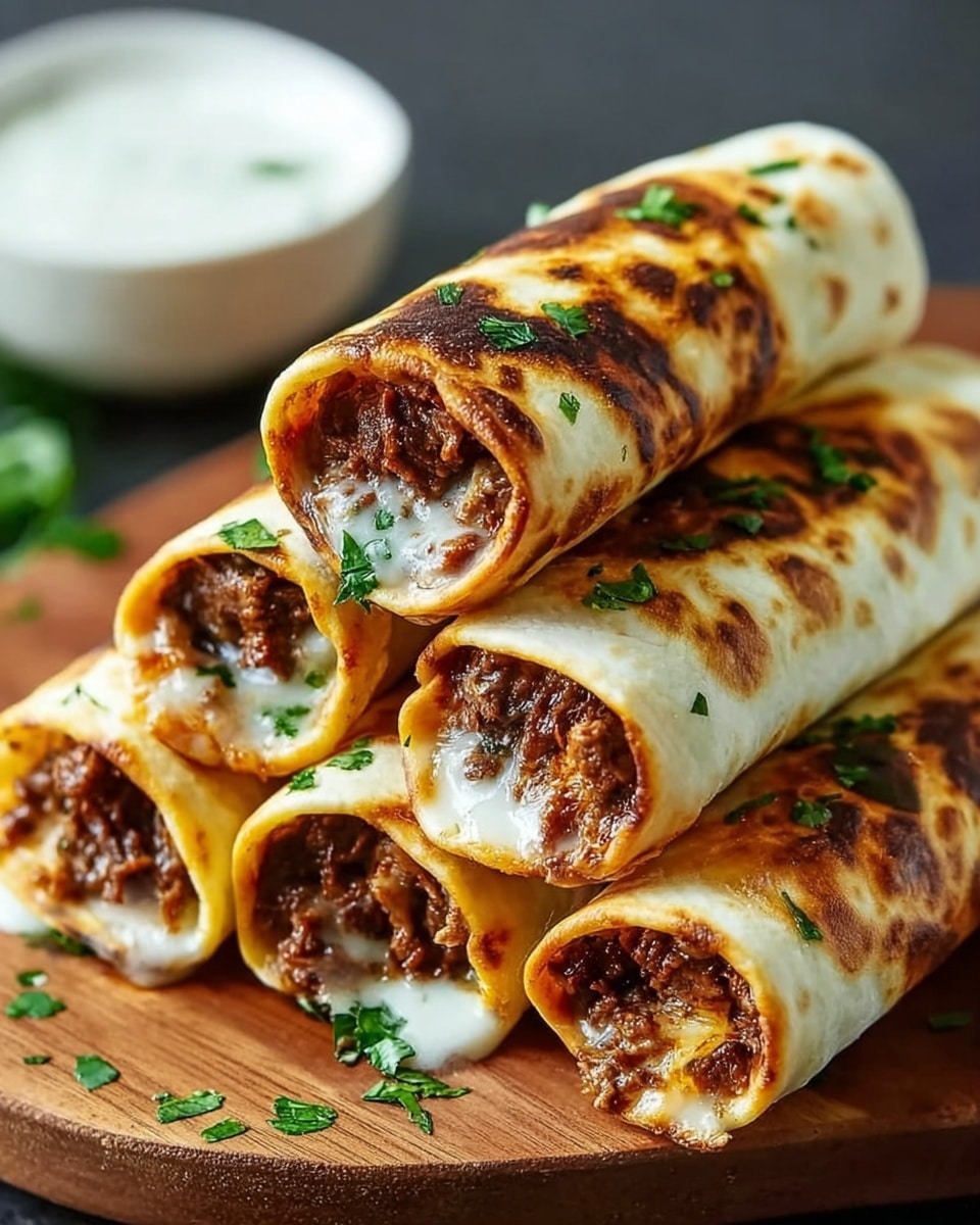 Four golden-brown grilled wraps are stacked on a wooden surface, each showing layers of tender, shredded meat mixed with melted white cheese and small bits of green herbs inside soft, slightly charred flatbreads. Small green parsley leaves are scattered on top and around the wraps, and a white bowl with a creamy white sauce sits blurred in the background on a white marbled surface. photo taken with an iphone --ar 4:5 --v 7