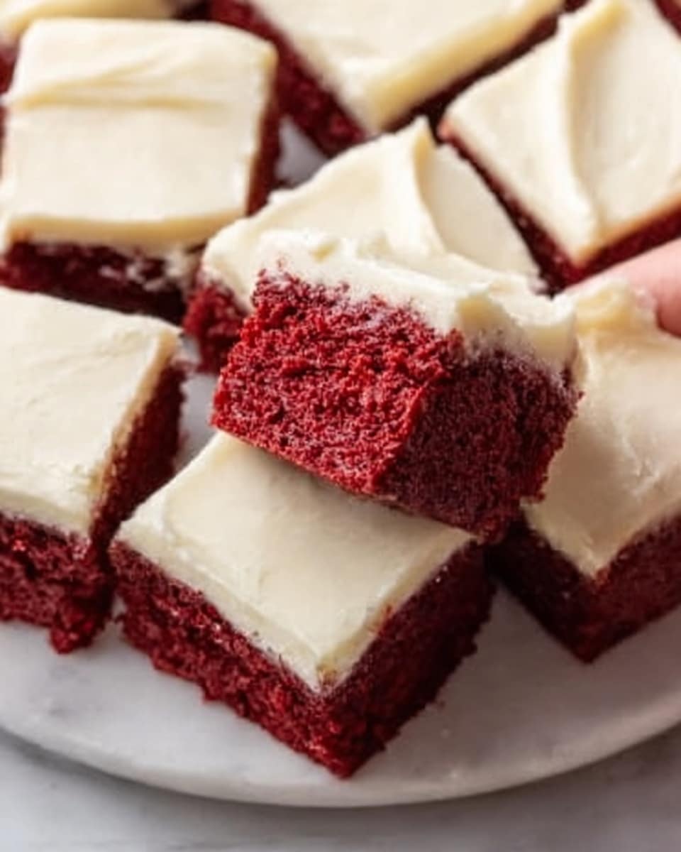 A square white plate holds a red velvet cake cut into square pieces with cream cheese frosting on top. The cake layers are deep red with a soft, moist texture, topped by a thick, smooth layer of white frosting that looks creamy and slightly glossy. The frosting layer is evenly spread and covers the whole top surface of each cake piece. The cake pieces are arranged neatly, showing clean, sharp edges against the white marbled background. Photo taken with an iphone --ar 4:5 --v 7
