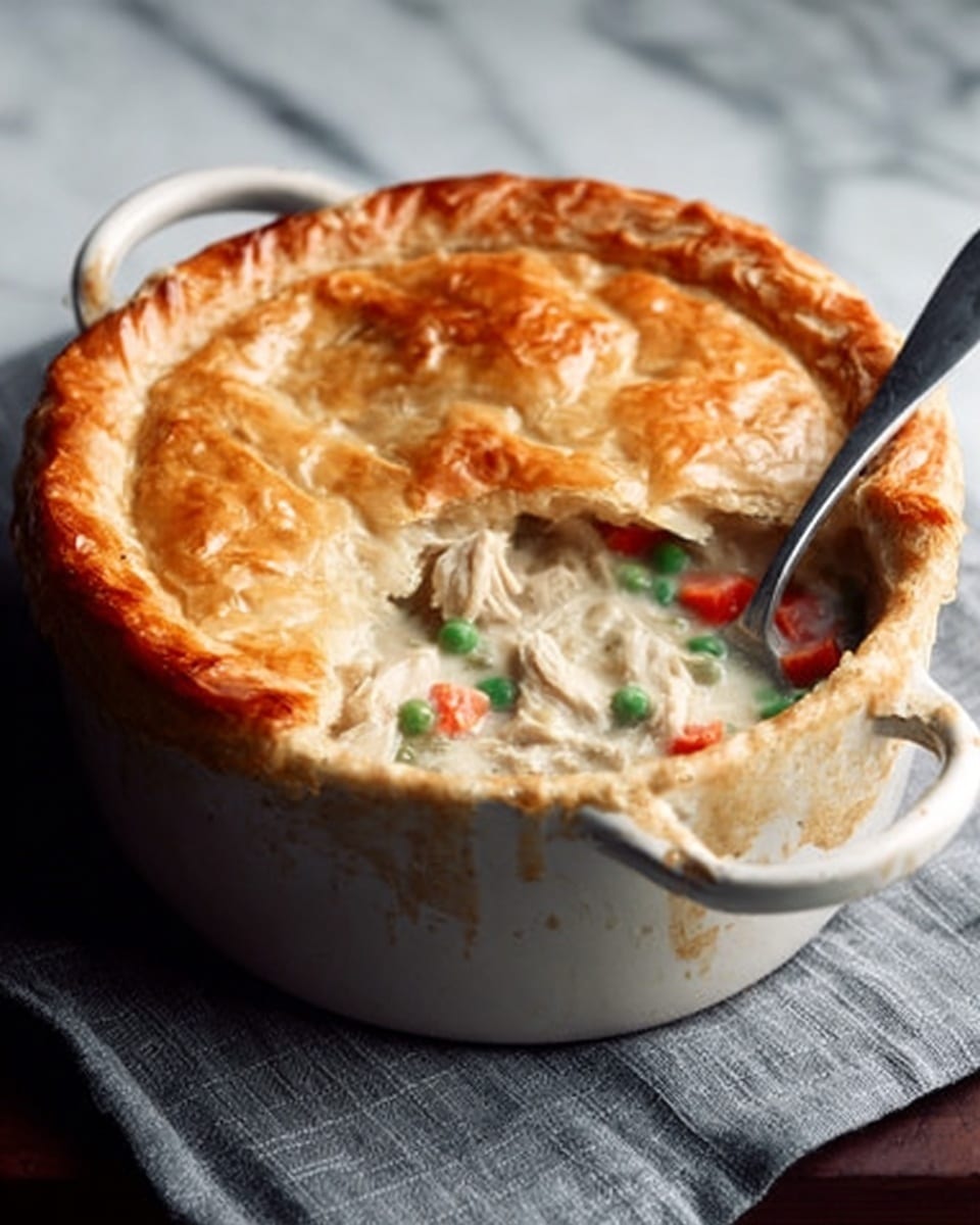 A large round white pot filled with a golden-brown flaky pastry crust on top, slightly shiny and crispy with a cut section revealing the inside. Underneath the crust, there is a creamy mix of shredded chicken in white, bright green peas, orange carrot cubes, and light green celery pieces, all mixed in a thick sauce. A metal spoon rests inside the pot, partially covered with the filling. The pot sits on a folded gray towel on a white marbled surface with soft shadows around. Photo taken with an iphone --ar 4:5 --v 7