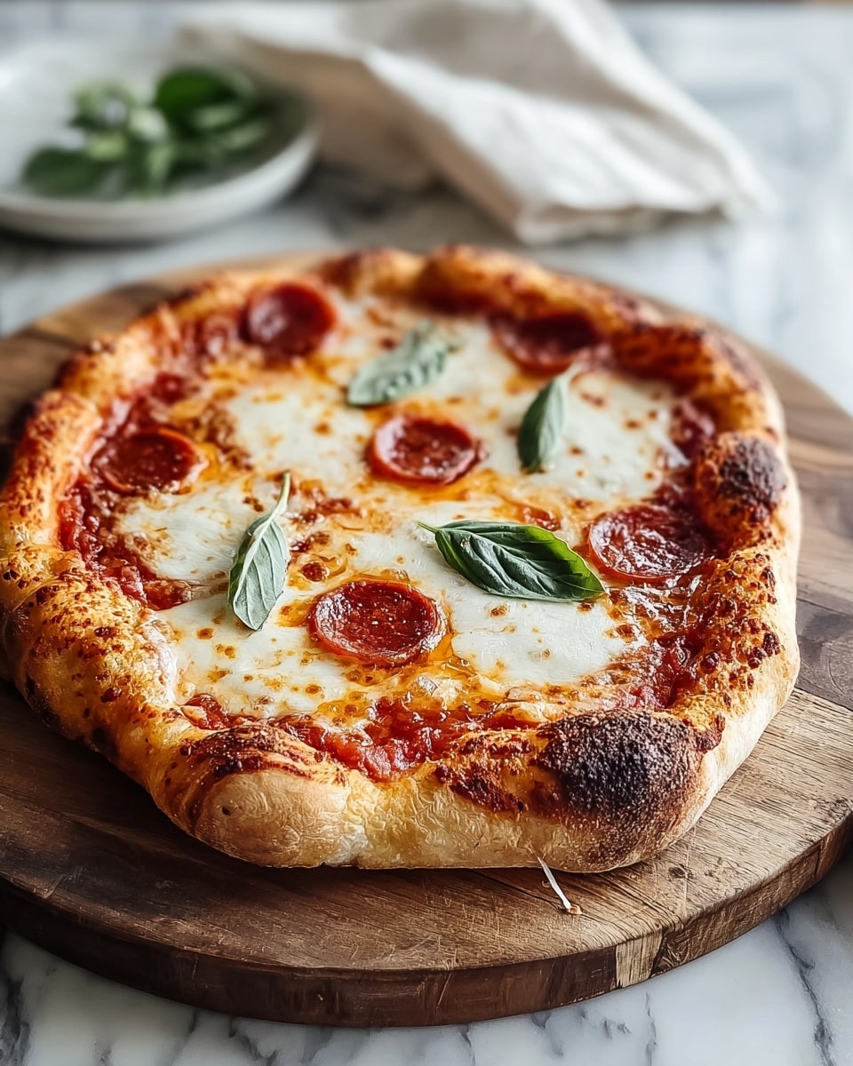 A small round pizza with a thick, golden-brown crust that has some dark charred spots around the edges. The base layer is red tomato sauce spread evenly, topped by a thick layer of melted white mozzarella cheese with some golden brown bubbles. Scattered on the cheese are a few small, round slices of shiny, reddish-brown pepperoni and two dark green fresh basil leaves placed near the center. The pizza is on a wooden board set on a white marbled surface. Photo taken with an iphone --ar 4:5 --v 7