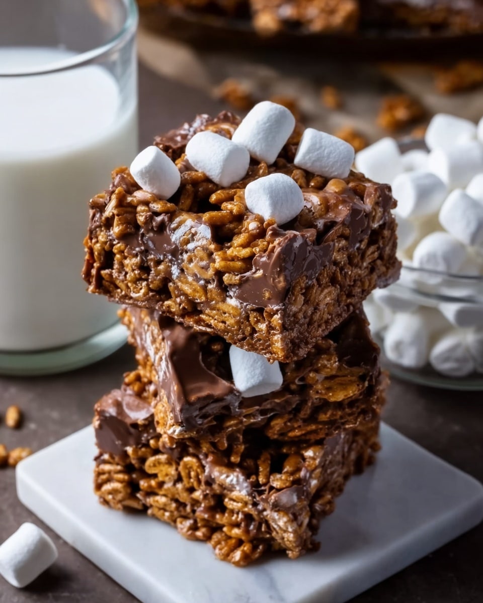 A close-up of two stacked chocolate dessert bars on a white marbled surface, each bar covered with a thick layer of melted chocolate and topped with a mix of golden cereal pieces and small white marshmallows, creating a crunchy and gooey texture. A glass of milk and extra marshmallows are blurred in the background, adding a cozy feel. The dessert bars show a rich, glossy chocolate coating with the cereal pieces and marshmallows slightly embedded. photo taken with an iphone --ar 4:5 --v 7