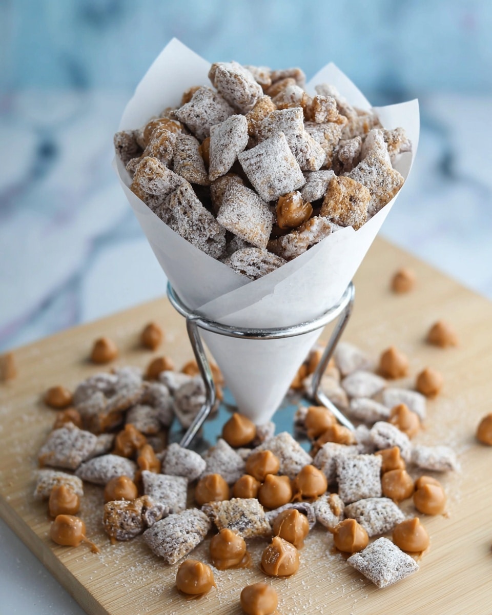 A white paper cone filled with many small, square-shaped snack pieces coated in a light powdered sugar layer, mixed with smooth, light brown peanut butter chips scattered evenly on top and inside. The cone is held upright in a silver metal stand, resting on a light wooden board with more of the same snack pieces and chips scattered around the base. The background has a white marbled texture. photo taken with an iphone --ar 4:5 --v 7