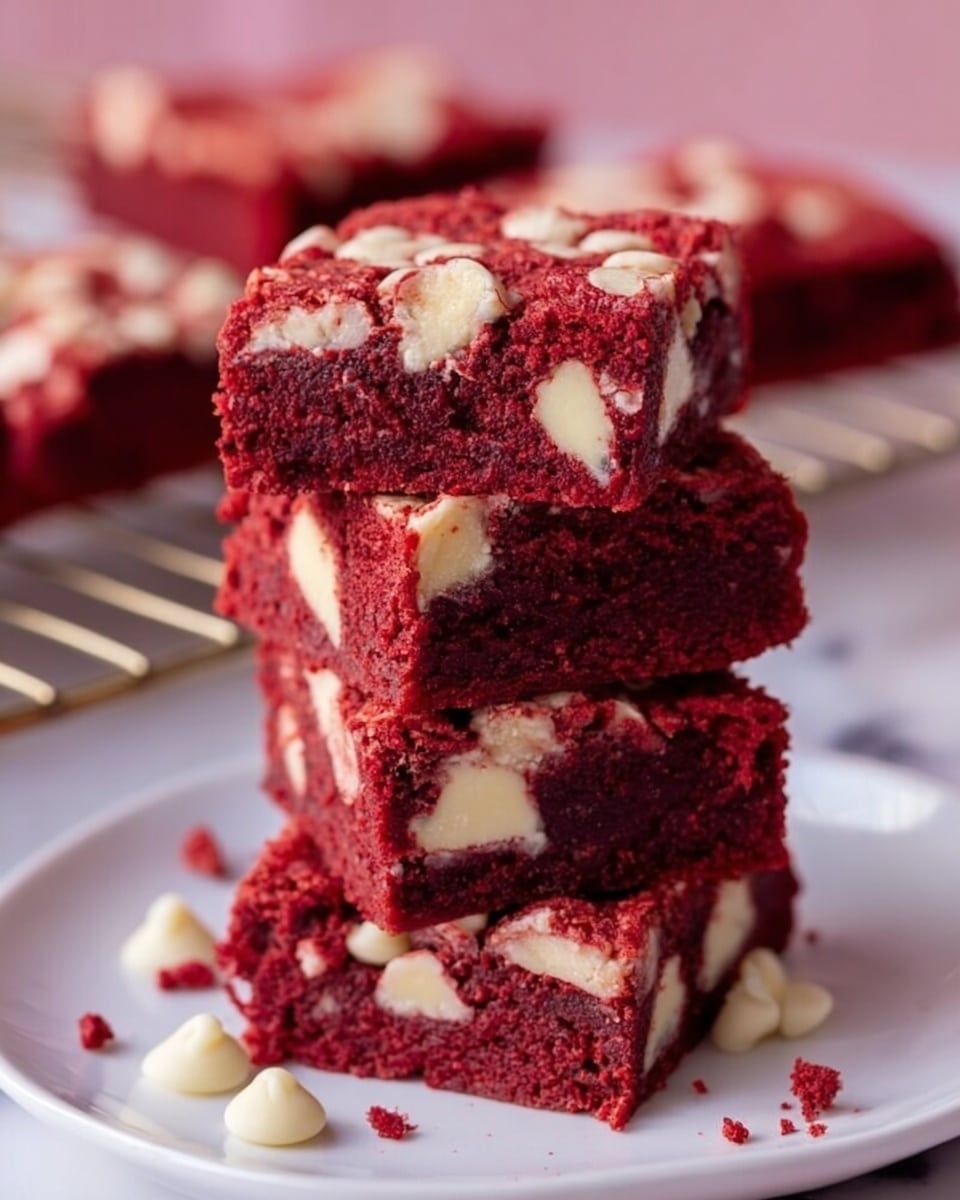 This image shows a stack of four square red velvet brownies with white chocolate chunks visible inside each layer. The brownies have a rich deep red color with creamy white bits mixed throughout, creating a nice contrast. The stack is placed on a white, slightly shiny plate with some white chocolate pieces and red crumbs scattered around the base. The background is softly blurred with a white marbled texture underneath the plate. photo taken with an iphone --ar 4:5 --v 7