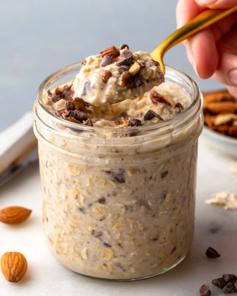 A clear glass jar filled with a creamy, beige mixture that has small brown pieces throughout, showing a thick and slightly chunky texture. A woman's hand holds a gold spoon scooping up some of the mixture, highlighting the rich creaminess and the visible bits inside. The jar sits on a white marbled surface with a few small chocolate chips and whole almonds scattered near it, adding a simple and clean look. Photo taken with an iphone --ar 4:5 --v 7