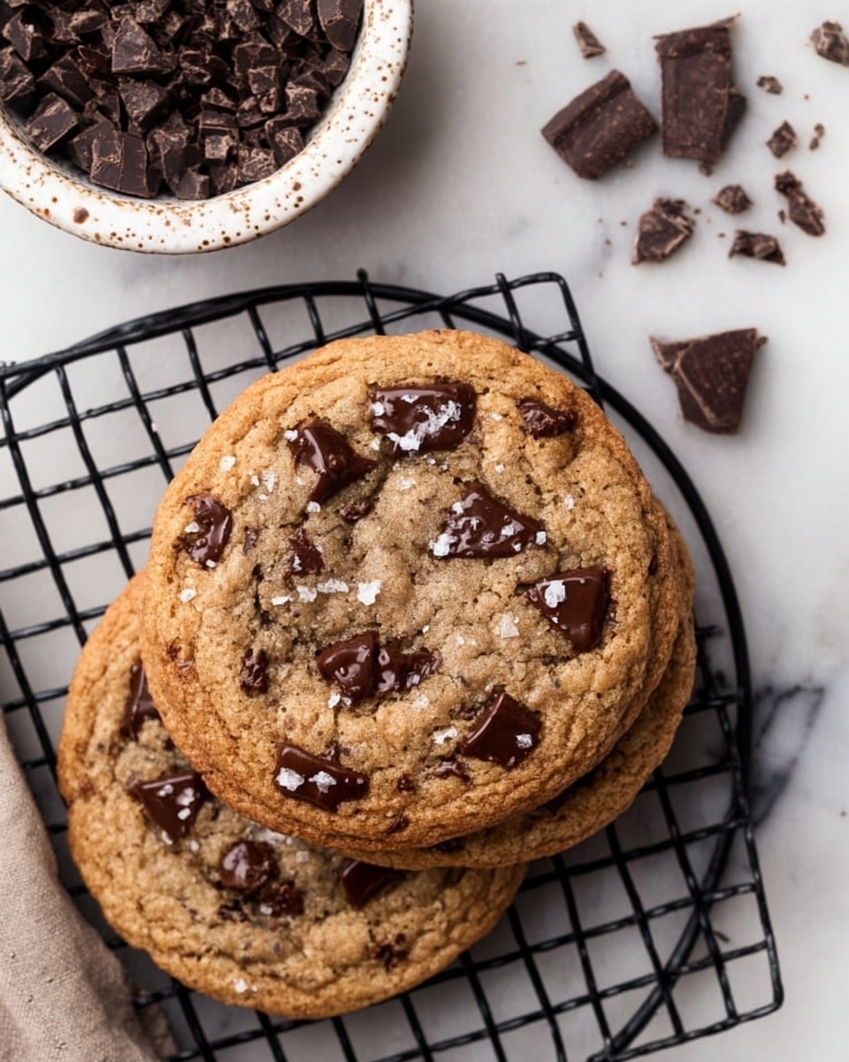 The image shows three large chocolate chip cookies stacked slightly on a black wire cooling rack, placed on a white marbled surface. Each cookie has a rough, golden-brown texture with many melted dark chocolate chips scattered on top and inside, some chips slightly glossy and soft. One cookie's top is sprinkled with a few coarse white salt flakes. Above the cookies and out of focus, there is part of a white bowl filled with extra dark chocolate chips. Photo taken with an iphone --ar 4:5 --v 7